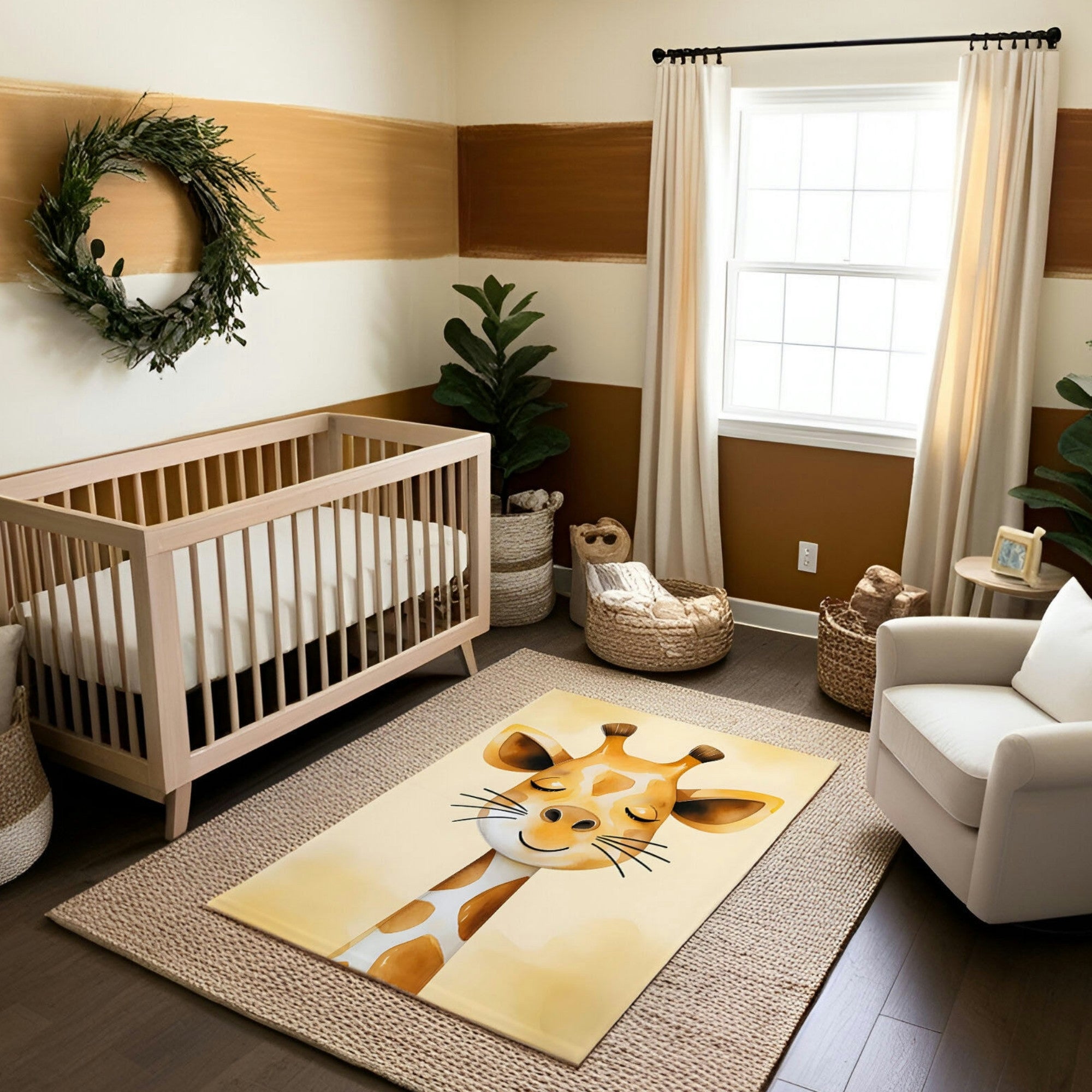 This nursery is designed with a safari-inspired theme, featuring warm tan and brown tones. A light wood crib is paired with woven baskets, natural greenery, and a cream armchair for a cozy and earthy vibe. The standout feature is a playful rug showcasing a smiling giraffe illustration, complementing the room’s natural aesthetic. A wreath on the wall and soft curtains complete the serene and whimsical atmosphere.