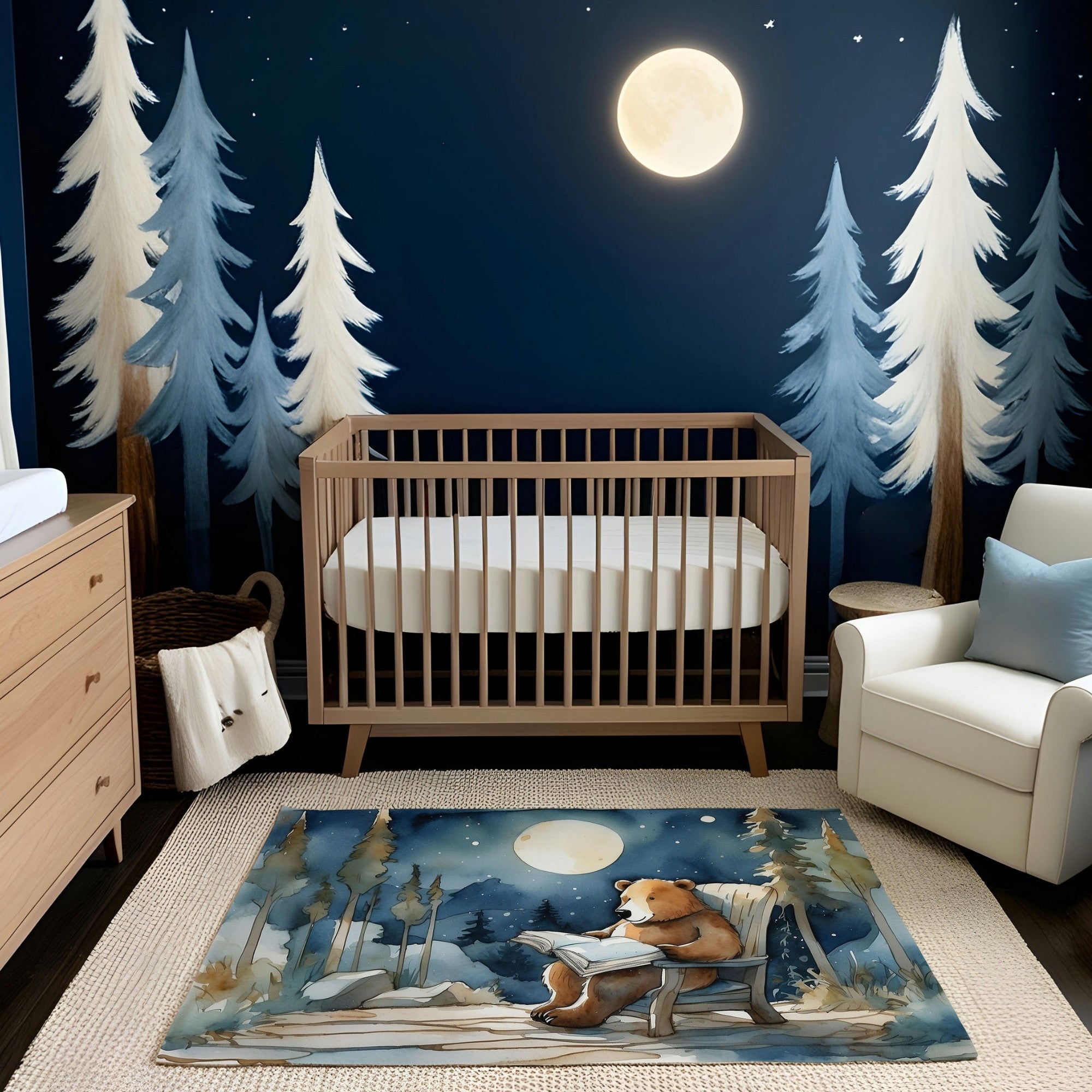 A forest-themed nursery featuring a wooden crib set against a wall mural of tall, snowy evergreen trees under a glowing full moon. The room includes a cream armchair, light wood dresser, and a rug depicting a bear seated in a wooden chair reading a book under moonlight, surrounded by trees and a serene woodland scene.