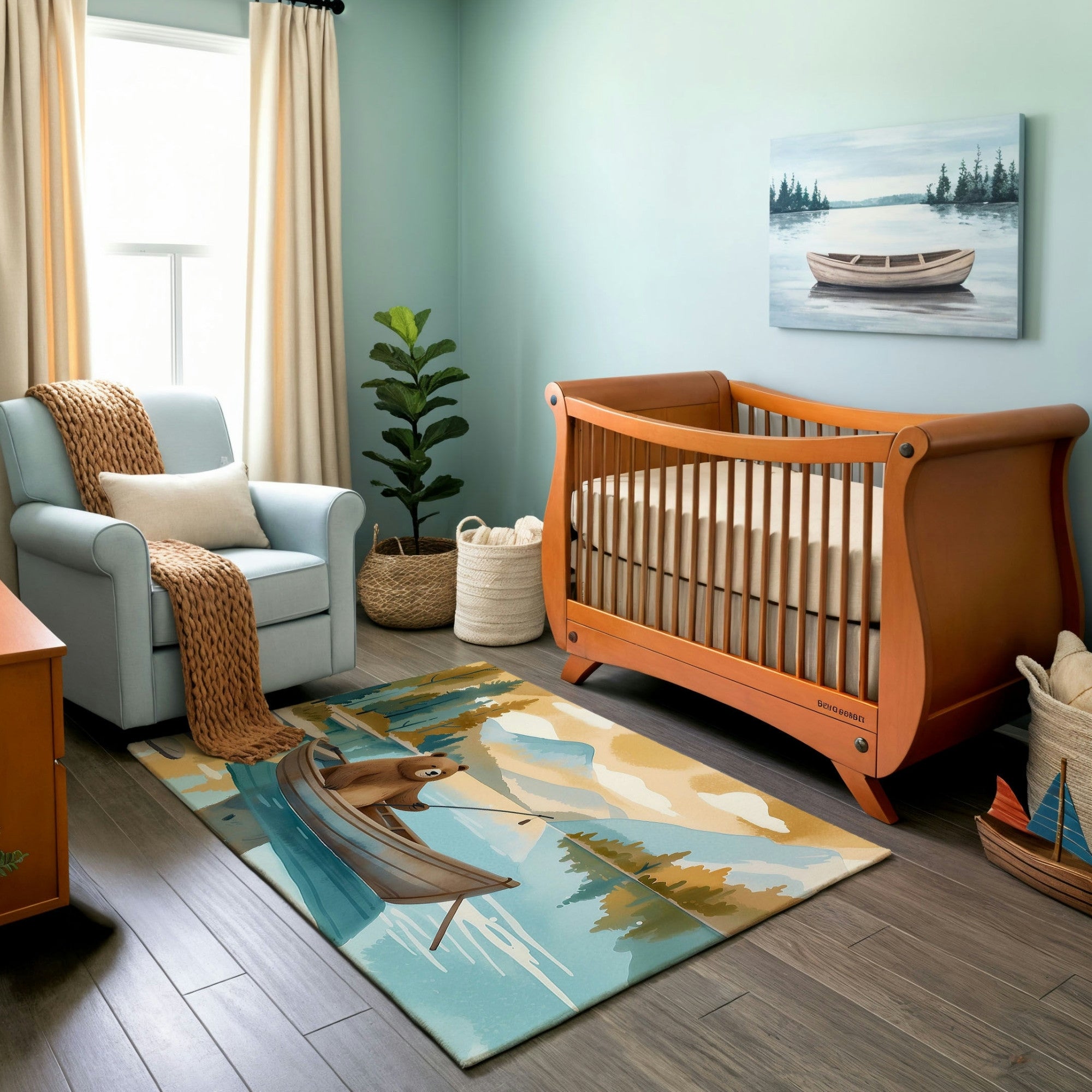 A cozy nursery featuring a wooden crib with a curved design, a light blue armchair, and a rug with a playful illustration of a beaver rowing a canoe on a serene lake surrounded by trees and mountains. The walls are painted light green, complementing a nature-inspired painting of a rowboat above the crib. The room is decorated with woven baskets and a miniature wooden sailboat for a rustic, outdoorsy feel.