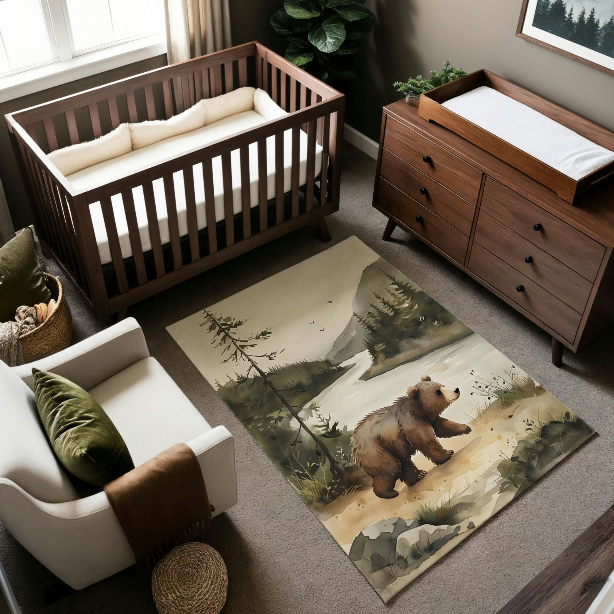 A nature-inspired nursery featuring a wooden crib, a matching dresser with a changing pad, and a cozy armchair with a green accent pillow. The decor includes a scenic rug with an illustration of a bear cub walking along a forest stream, surrounded by trees and mountains. Neutral tones and potted plants create a calm and earthy atmosphere.