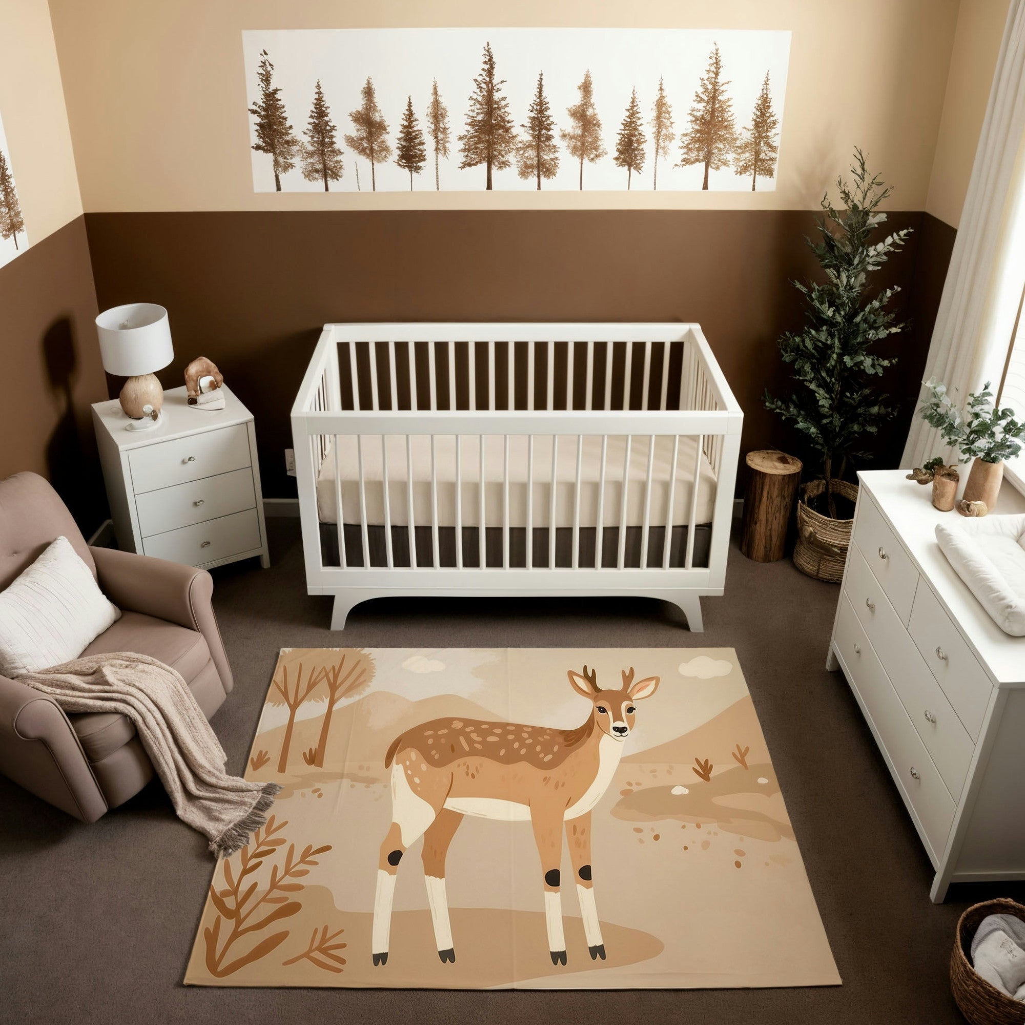 A serene nursery with a white crib against a two-tone wall featuring brown and beige with a tree silhouette mural. The room includes a tan armchair with a soft blanket, a white dresser, and natural wood accents like a stump stool and a woven basket. The centerpiece is a beige and brown rug with a charming deer illustration in a woodland setting.