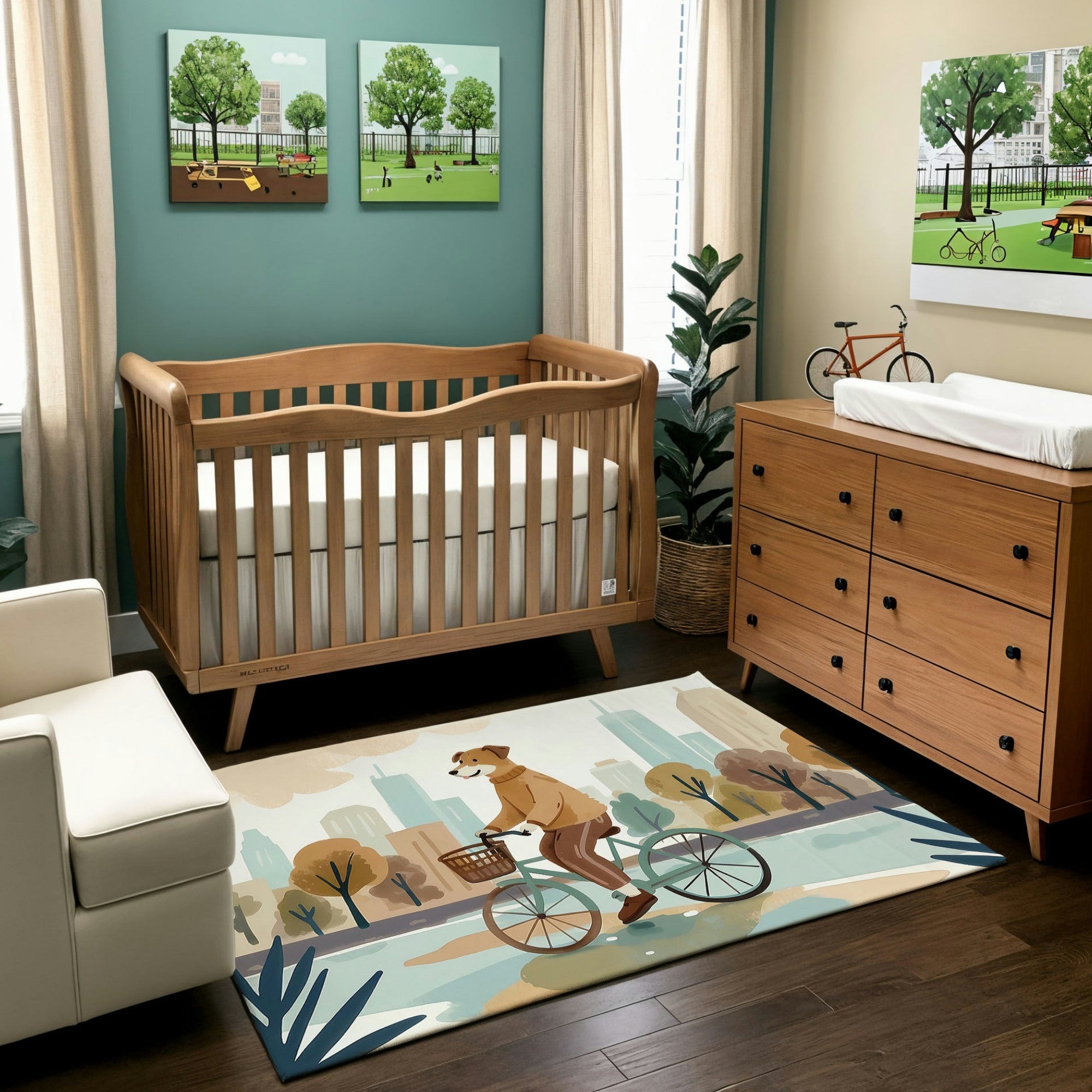 A cozy nursery featuring a natural wood crib with a wave design, a matching dresser with a changing pad, and a white armchair. The decor includes vibrant park-themed wall art, a miniature bike figurine, and a green plant. A colorful area rug depicts an illustration of a dog riding a bicycle through a park with a basket on the front, blending whimsy and urban charm in the room’s design.