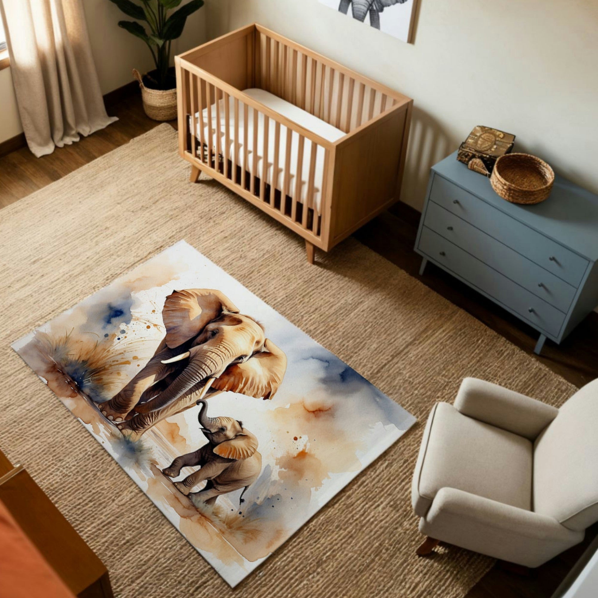 This image showcases a cozy nursery featuring a watercolor-style rug with an illustration of a mother elephant and her baby walking together. The artwork beautifully blends soft beige and blue tones with splashes of orange, creating a warm and nurturing ambiance. The naturalistic design complements the room’s wooden crib and neutral decor.