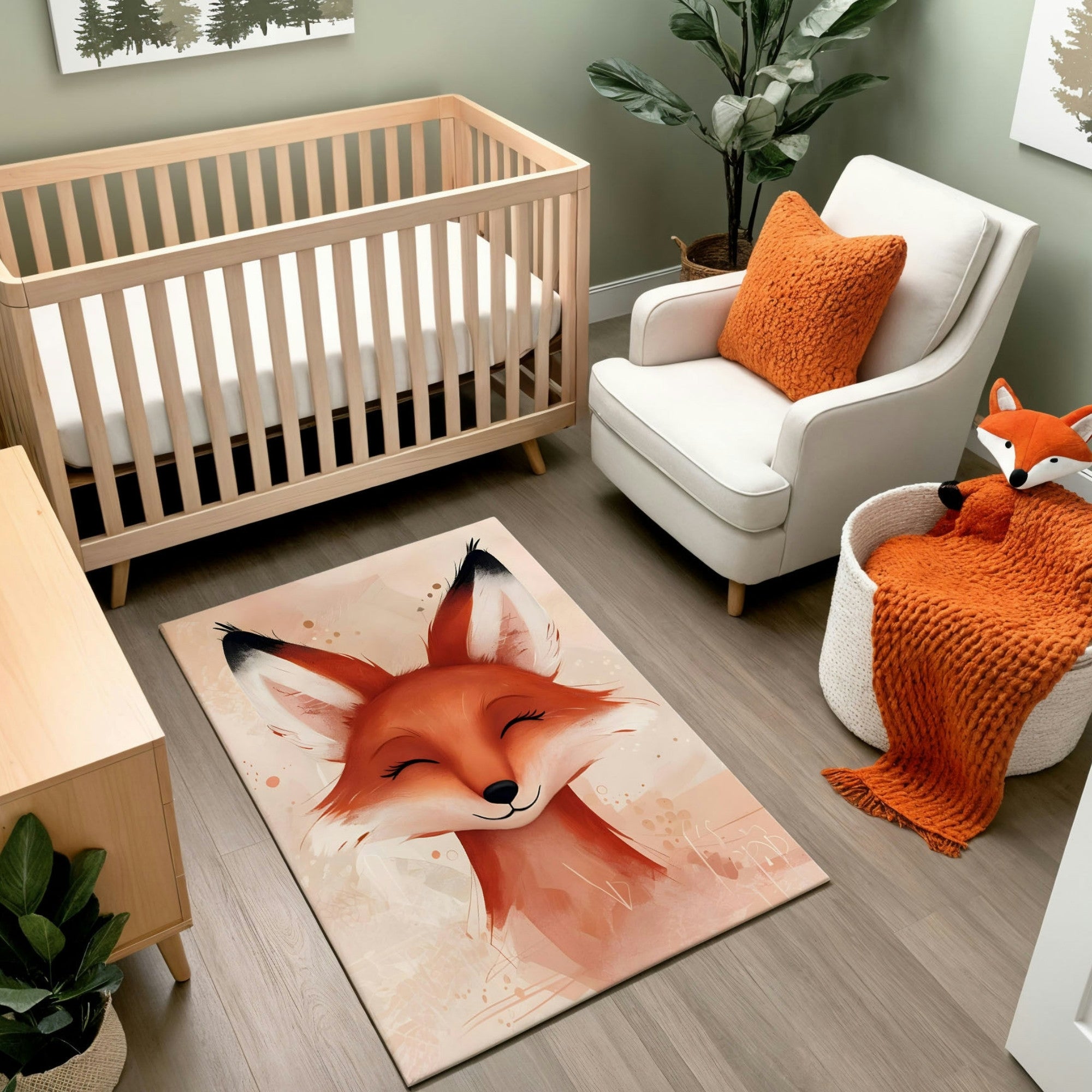 This image features a cozy nursery with a soft green wall and a nature-inspired theme. A light wooden crib is paired with a white armchair accented by an orange knit pillow and a matching blanket in a basket. The focal point is a charming rug with a smiling fox illustration, harmonizing with the stuffed fox toy and orange decor for a warm and inviting woodland vibe. A potted plant and nature-themed wall art complete the serene and playful atmosphere.