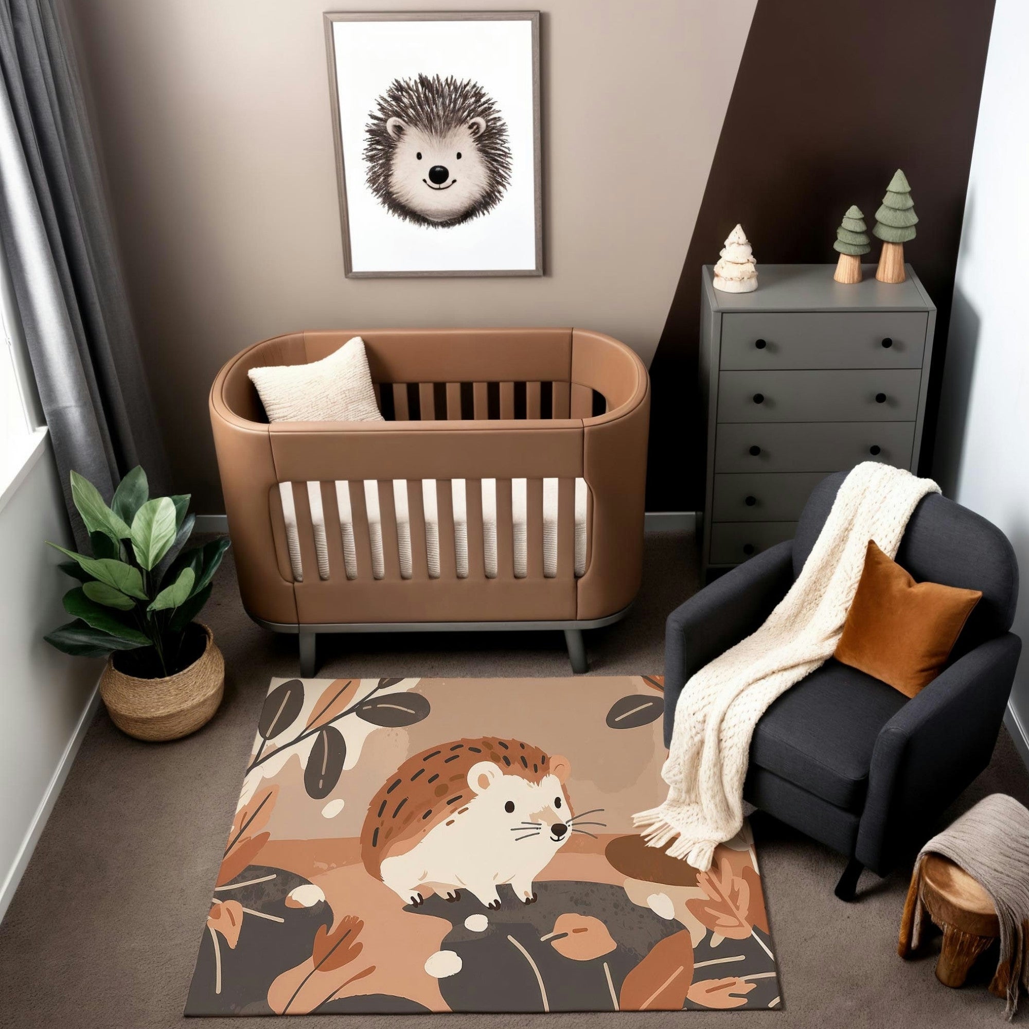 A cozy nursery decorated in earthy tones, featuring a brown crib, a gray dresser with decorative tree accents, and a comfortable gray armchair with a white knit blanket. The floor showcases a playful rug depicting a cute hedgehog surrounded by abstract autumn leaves and natural motifs in warm beige and brown hues. A framed hedgehog illustration hangs on the wall, complementing the theme.