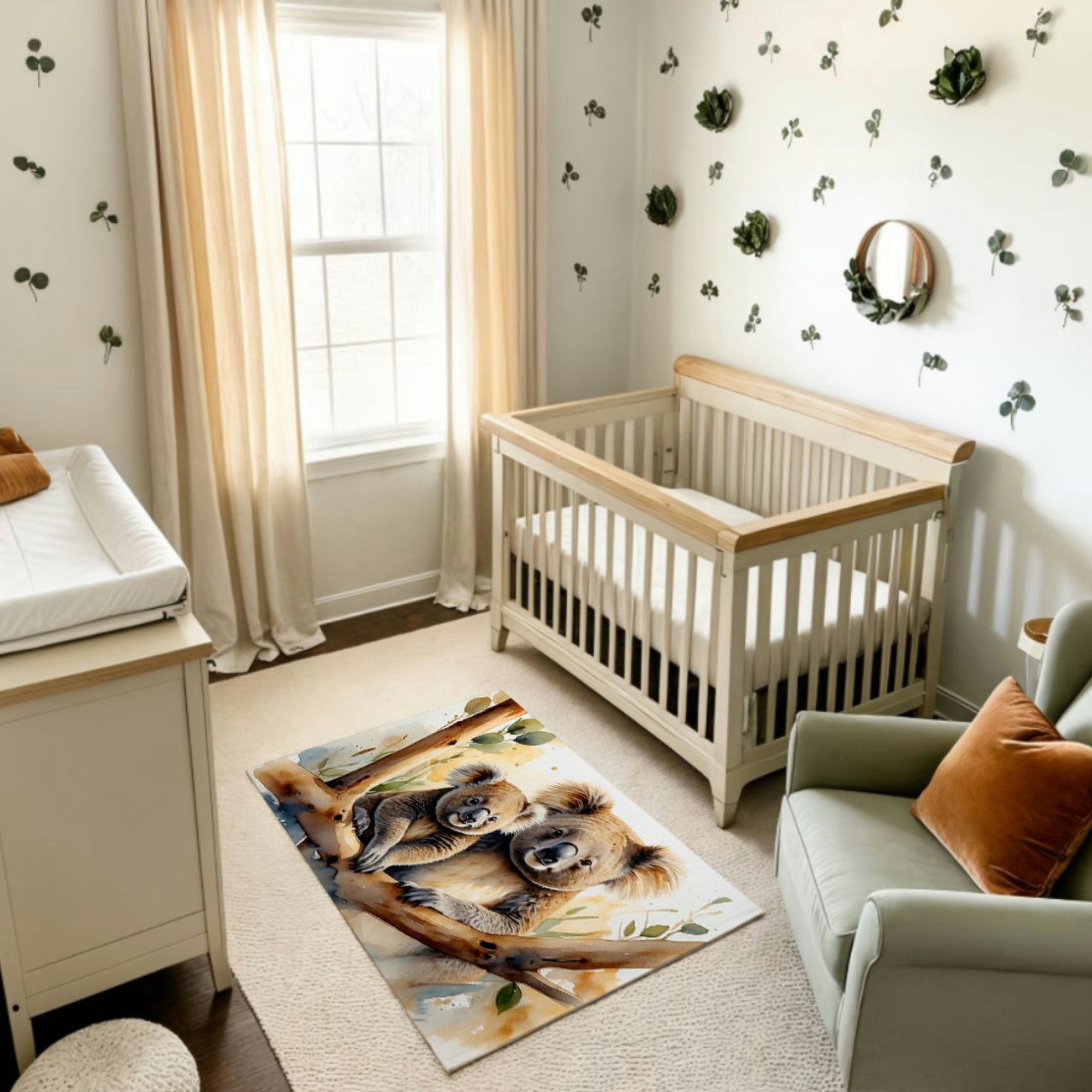 The image displays a serene nursery decorated in soft, neutral tones, featuring a crib with a light wooden frame. A watercolor-style rug on the floor showcases a pair of koalas—a parent and a baby—perched on a eucalyptus branch with delicate leaves. The room’s charming design is complemented by nature-inspired decor, such as leafy wall accents and cozy furnishings.