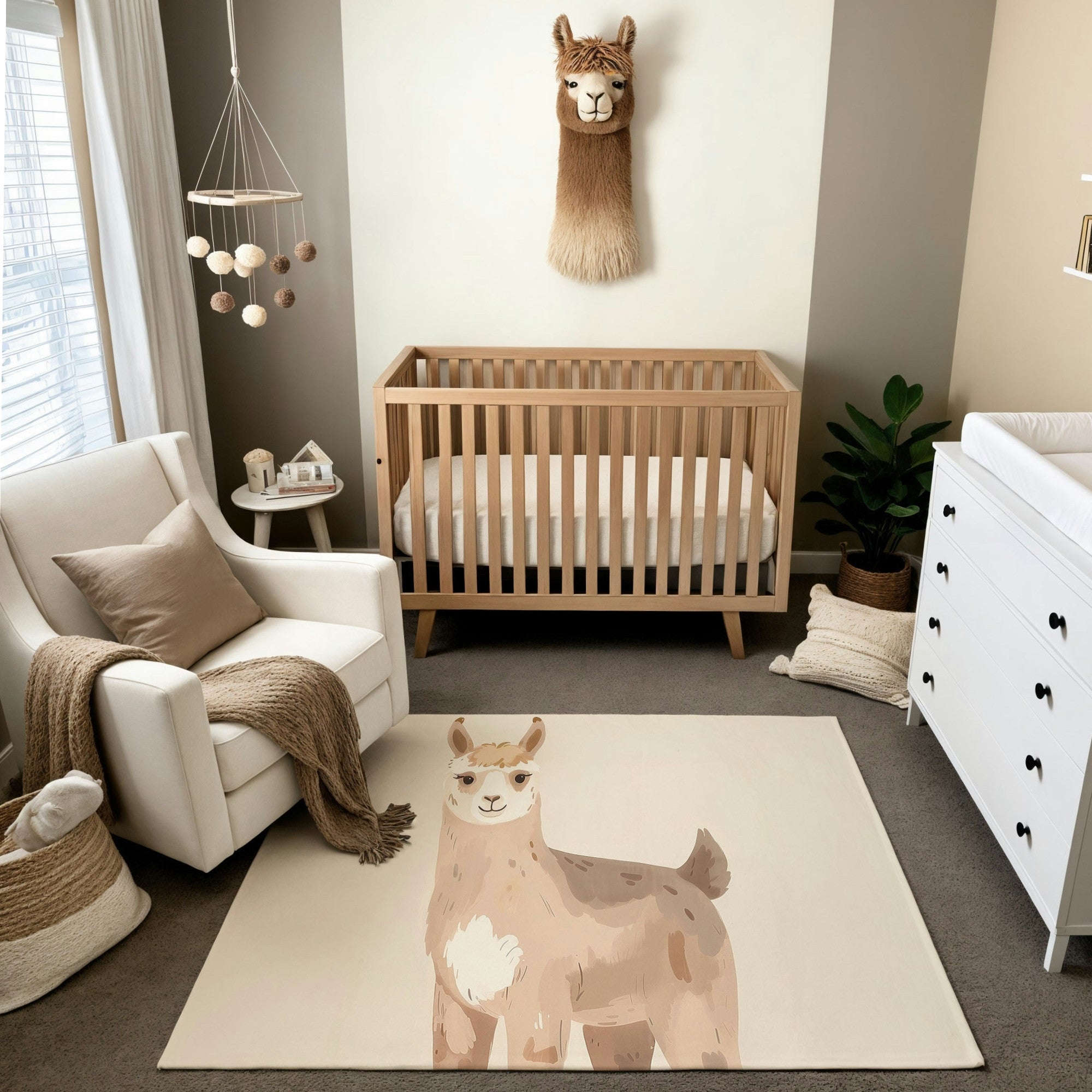 This nursery rug showcases an adorable llama illustration in warm, neutral tones, set against a beige backdrop. The llama’s charming expression and soft color palette perfectly complement the natural and cozy aesthetic of the room, making it a delightful addition to a serene nursery setting.