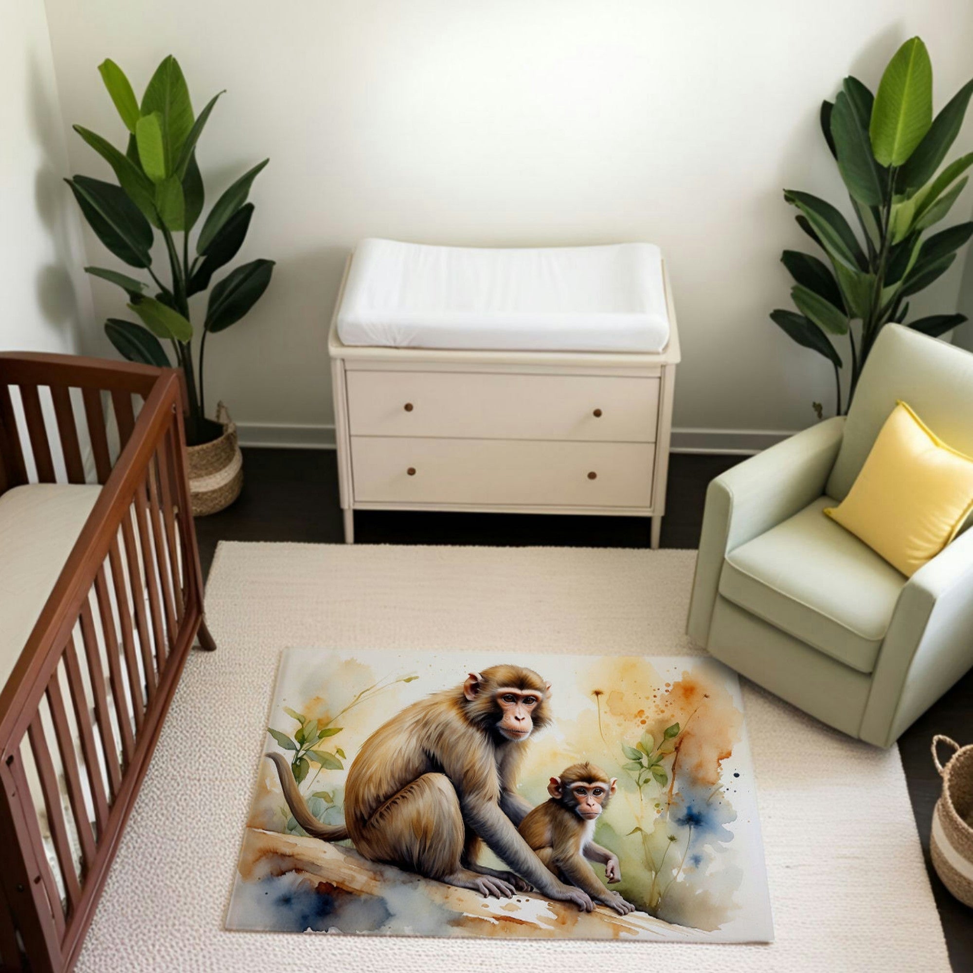 A nursery featuring a watercolor-style rug with a depiction of a mother monkey and her baby perched on a tree branch. The artwork highlights the monkeys with realistic fur textures and expressive eyes, surrounded by soft green foliage and abstract splashes in beige and blue tones. The scene exudes a nurturing and tranquil vibe, complementing the room’s light decor and natural elements.