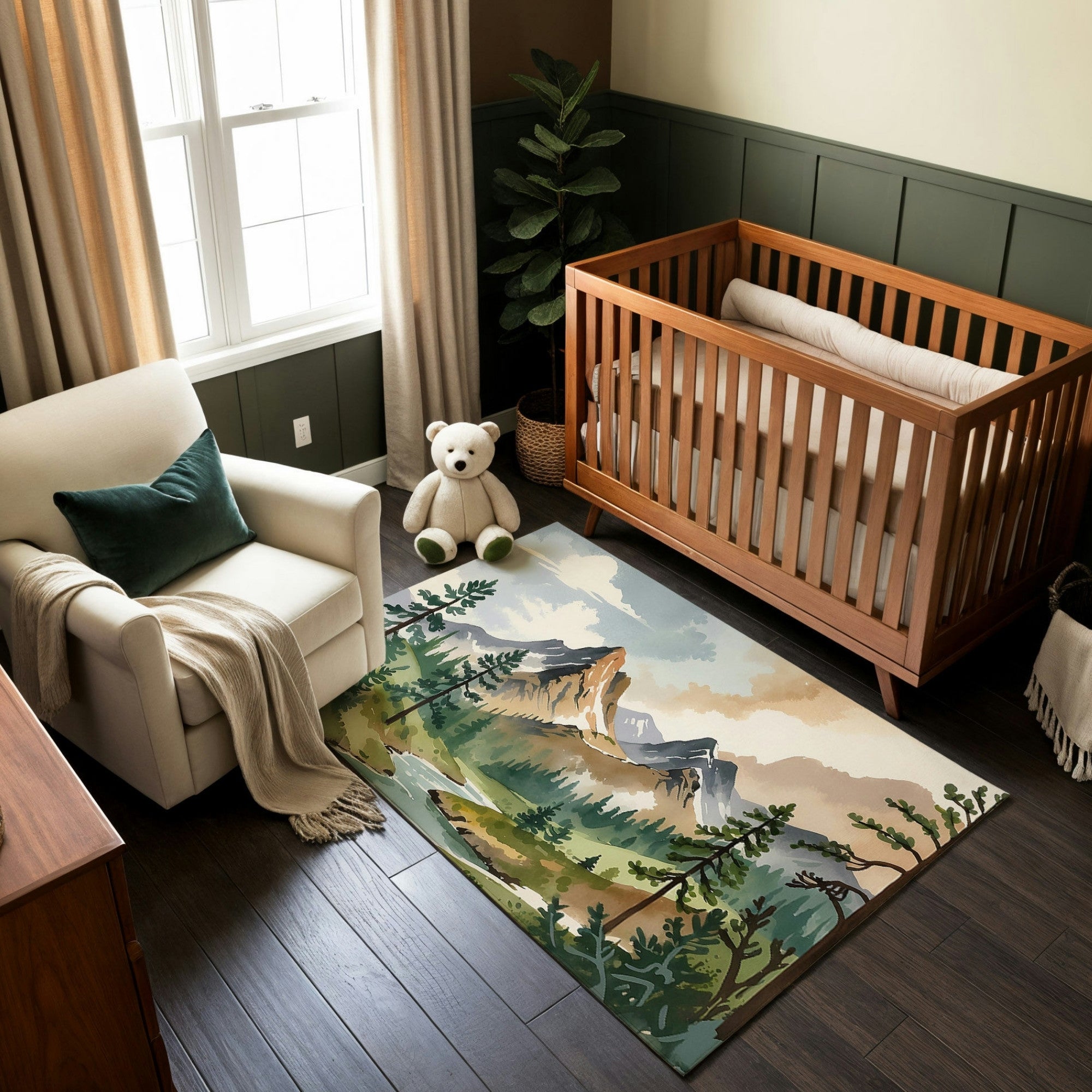 A modern nursery with a rustic charm featuring a dark wood crib, a white armchair with a green pillow and a beige throw blanket, and a plush teddy bear. The room includes a nature-inspired area rug showcasing a painted mountain landscape with trees and a soft sky. The walls are paneled in dark green with a white upper section, complemented by natural light streaming through beige curtains.