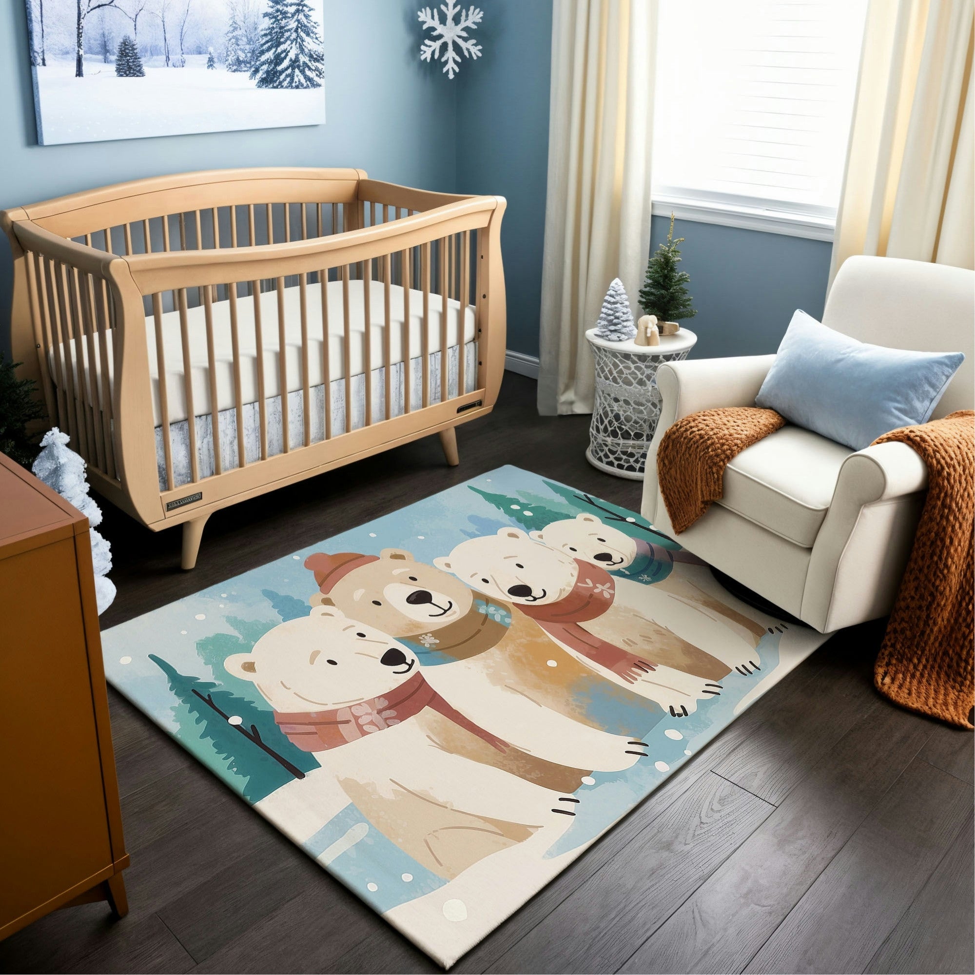 A cozy nursery with a winter-themed rug featuring an illustration of four polar bears wearing colorful scarves and a hat, standing in a snowy forest scene. The room includes a wooden crib, a white armchair with an orange blanket, and snowy decorations, creating a festive and warm atmosphere.