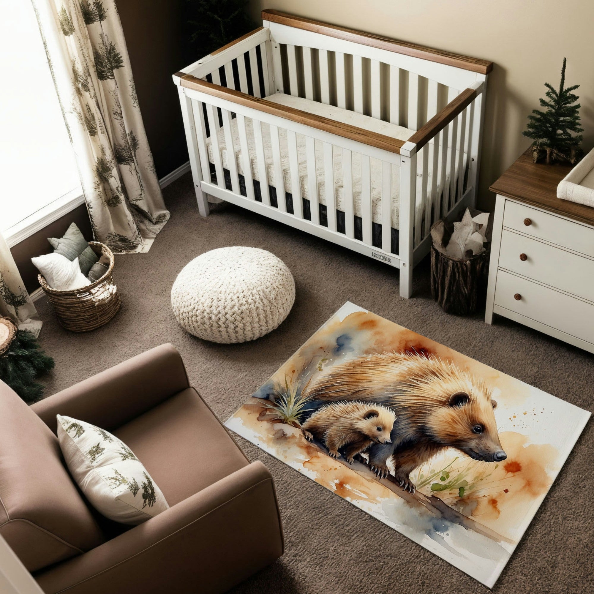 A woodland-themed nursery featuring a white crib with wooden accents, a matching dresser, and natural tree-patterned curtains. The room includes a soft brown armchair with a forest-themed pillow, a woven basket with cushions, and a knitted pouf. The centerpiece is a watercolor-style rug illustrating a hedgehog and its baby in warm brown tones with splashes of earthy and blue hues, adding a charming and rustic touch to the space.