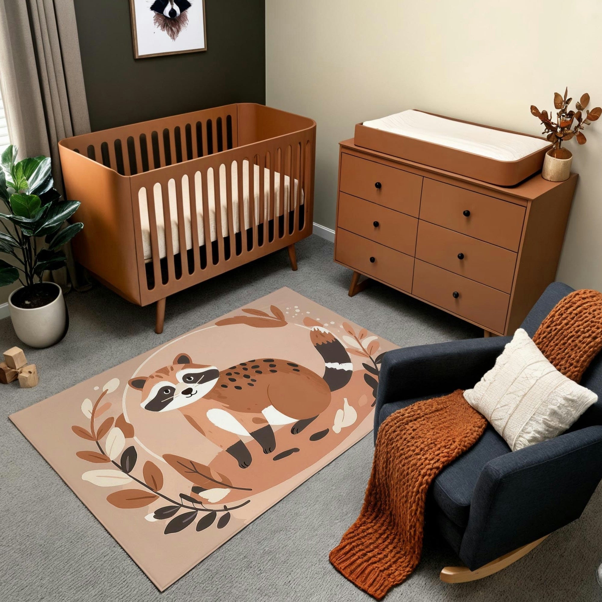 A cozy nursery featuring a rug with an illustration of a playful raccoon surrounded by abstract leaves in earthy tones like beige, rust, and brown. The room includes a wooden crib, a matching chest of drawers, and a dark gray armchair with an orange knit blanket draped over it, creating a warm woodland theme.