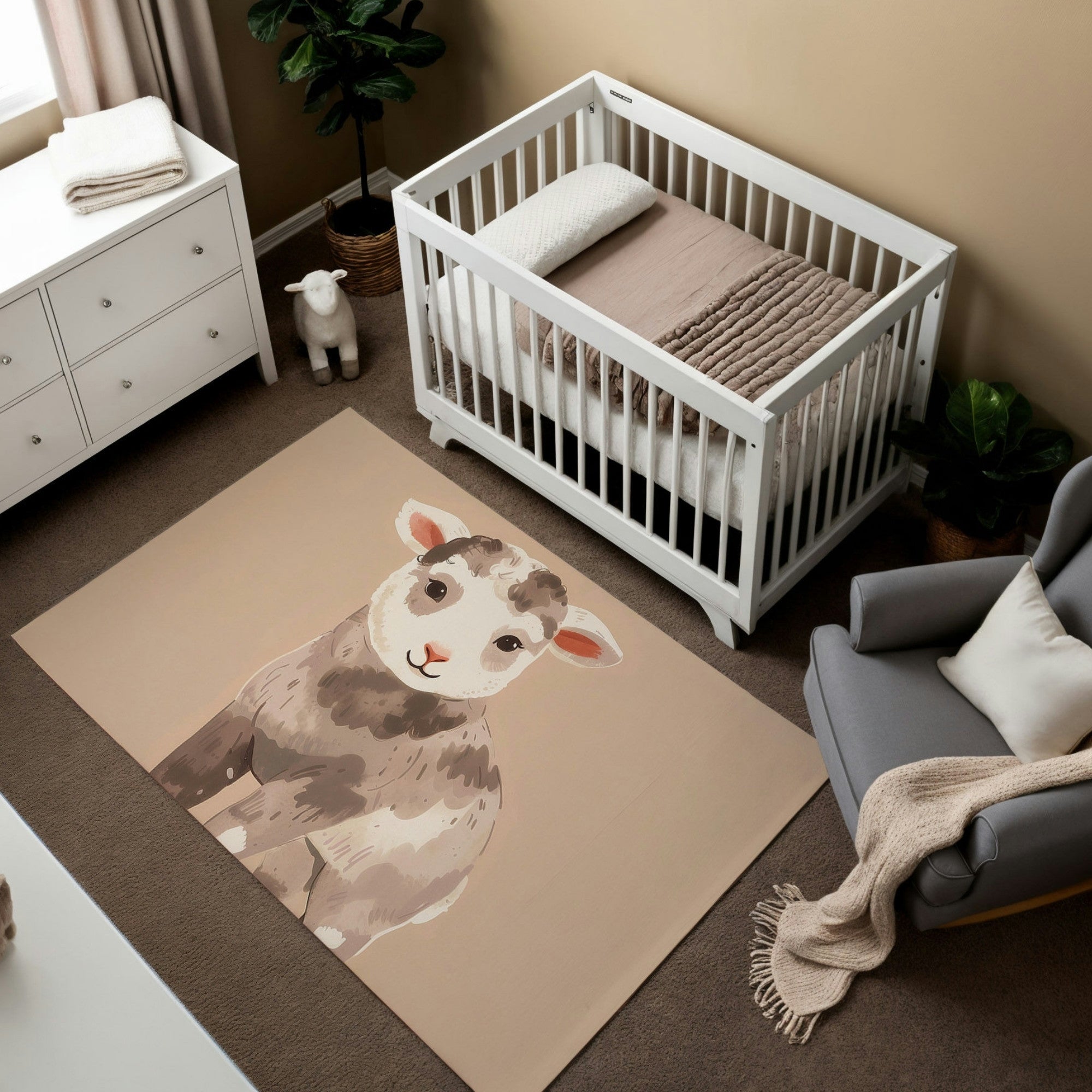 The image shows a cozy nursery with neutral tones, featuring a charming area rug that has an illustrated lamb. The lamb is depicted with soft, earthy colors, exuding warmth and a gentle, endearing expression. The setting includes a white crib, dresser, and decor that complements the lamb’s adorable aesthetic.