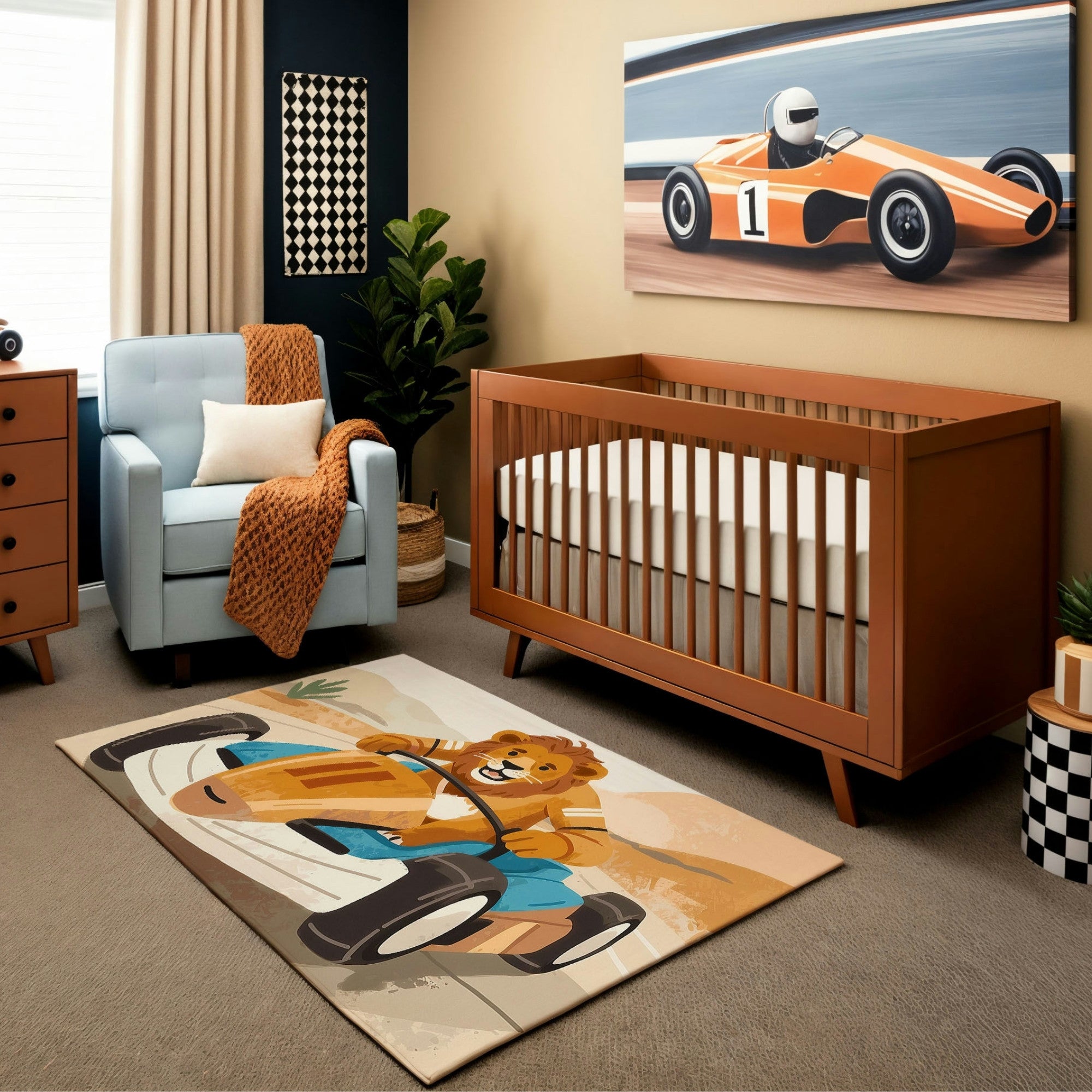 A cozy nursery featuring an orange crib and a vibrant race-themed decor. The rug depicts a cheerful lion driving a race car in bold colors, matching the motorsport artwork of an orange Formula 1 car on the wall. The room includes a light blue armchair, a checkered decor accent, and warm beige and navy walls, creating a playful yet sophisticated atmosphere.