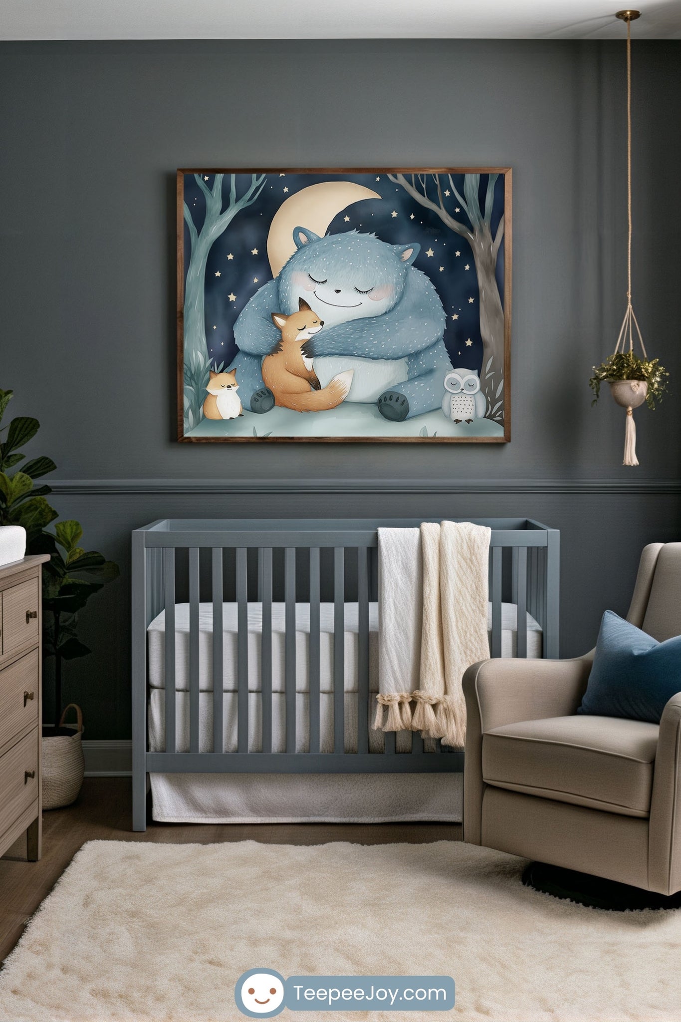 Dark-toned nursery with a gray crib and plush cream rug, featuring wall art of a cuddly blue creature hugging a fox under a starry night sky with a crescent moon, surrounded by an owl and two baby foxes. The cozy setup includes a beige glider chair with a navy pillow, soft lighting, and forest-themed decor for a dreamy bedtime vibe.
