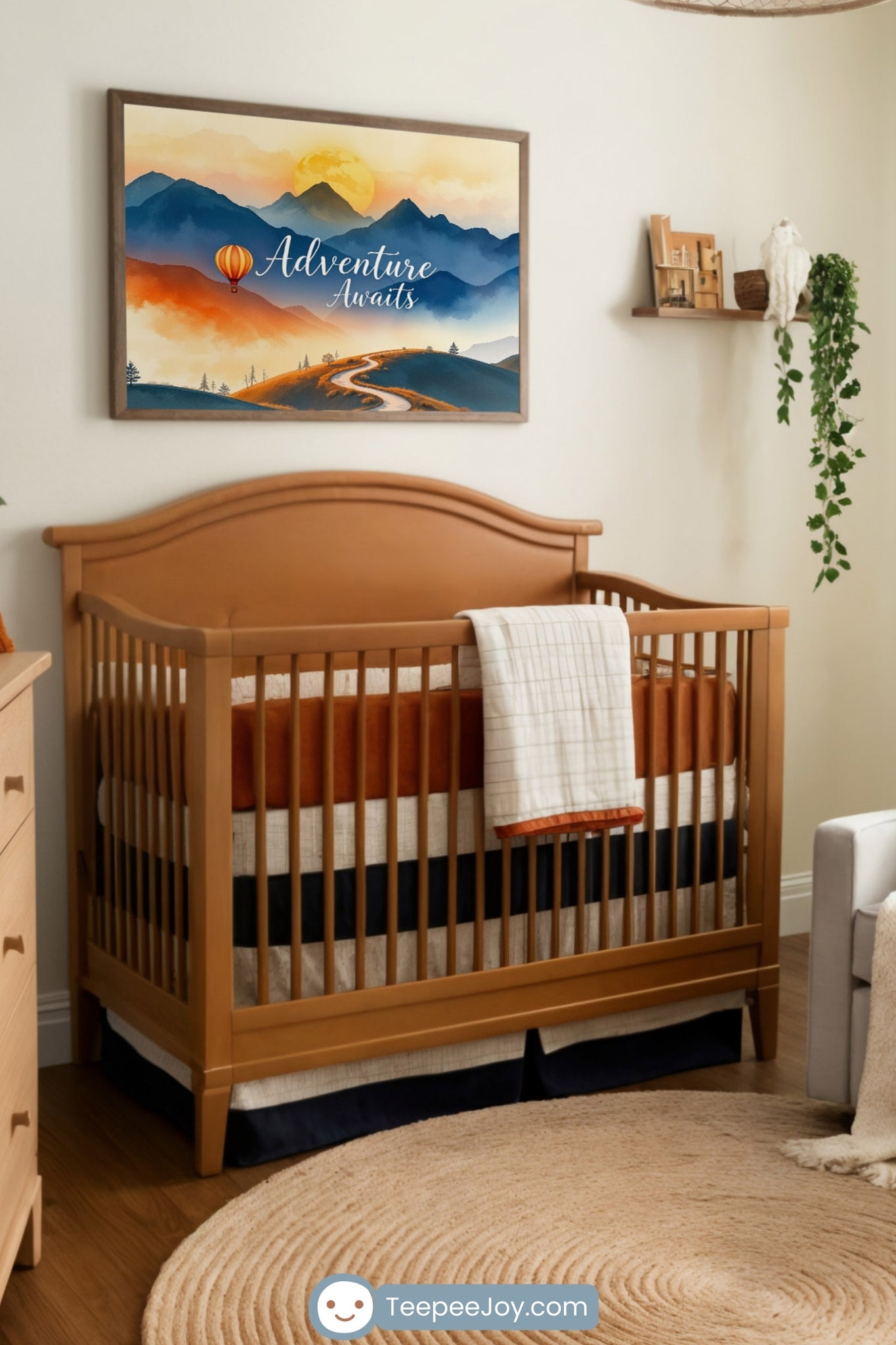 Warm and earthy nursery featuring a wooden crib with rust and cream bedding, a matching dresser, and a cozy white armchair with burnt orange accents. Above the crib hangs a framed 