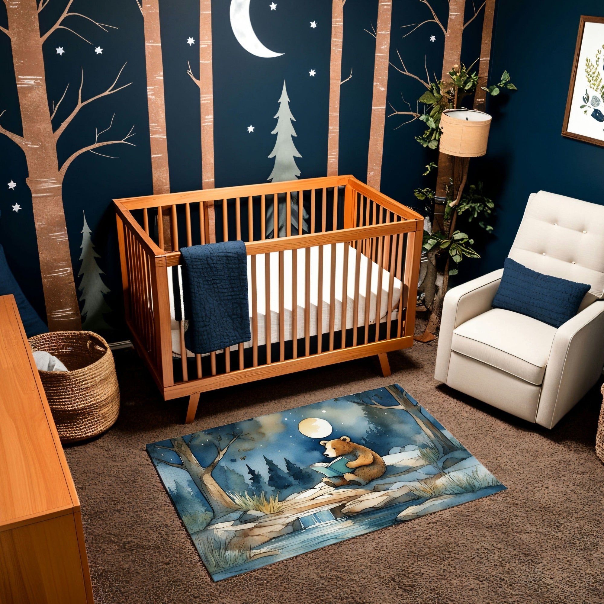 A cozy, woodland-themed nursery featuring a wooden crib with navy bedding against a wall painted with a moonlit forest scene, including trees and a crescent moon. The room is styled with a cream armchair, wicker basket, and a rug depicting a bear reading a book by a stream under the moonlight, surrounded by trees.