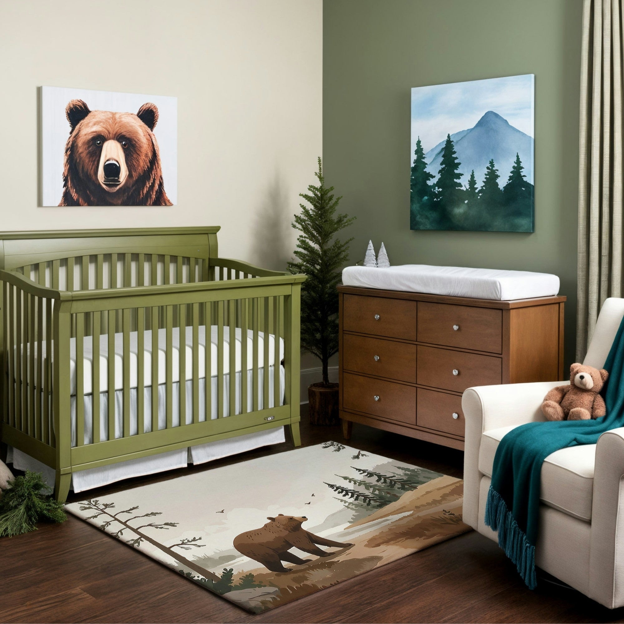 A woodland-themed nursery featuring a green crib, a wooden dresser with a changing pad, and a cozy white armchair with a teal blanket and a teddy bear. The room is decorated with nature-inspired artwork, including a bear portrait and a mountain scene. A rug with a painted brown bear in a forest setting enhances the rustic, earthy vibe, along with a small evergreen tree in the corner.