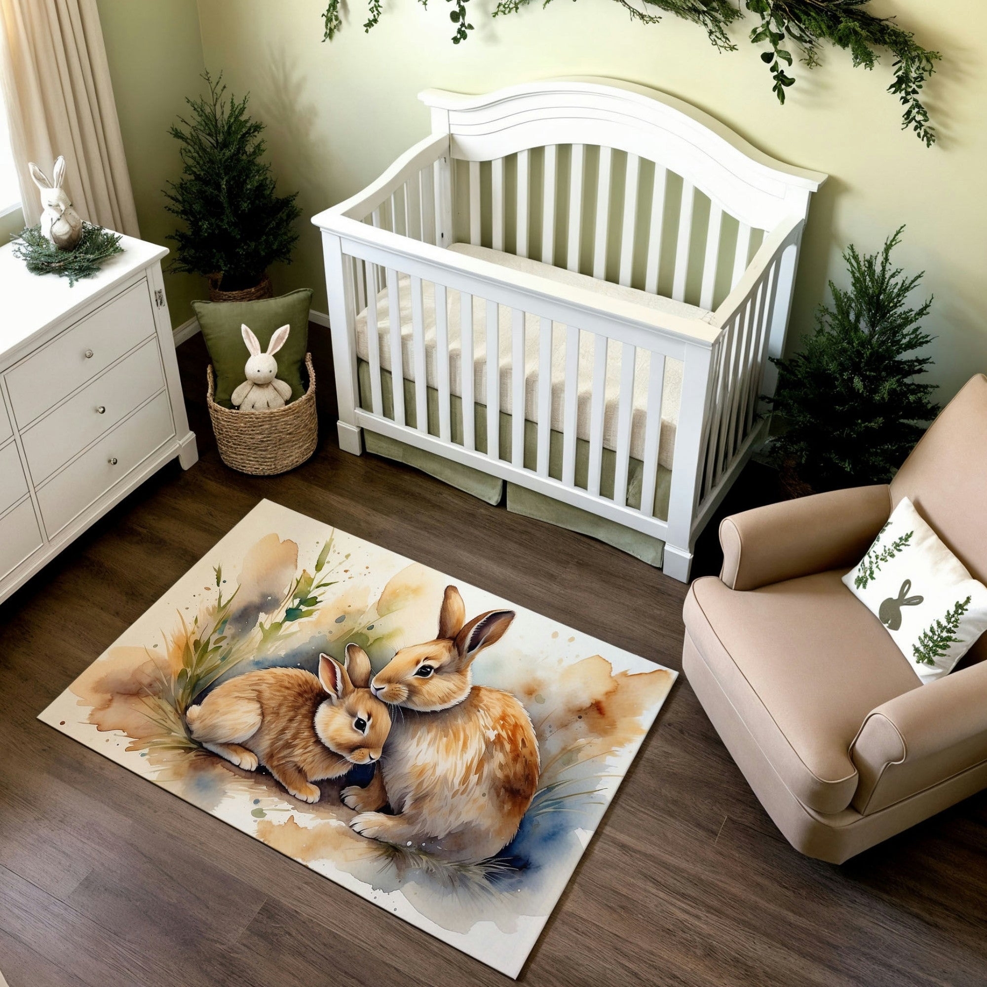 A charming nursery featuring a white crib with a soft beige mattress, adorned with greenery garlands on the walls. The room includes a beige armchair with a bunny-themed pillow, a white dresser, and decorative plants in baskets. The centerpiece is a watercolor-style rug illustrating two rabbits nestled together, with soft earthy tones and splashes of blue and green, creating a tranquil and cozy woodland vibe.