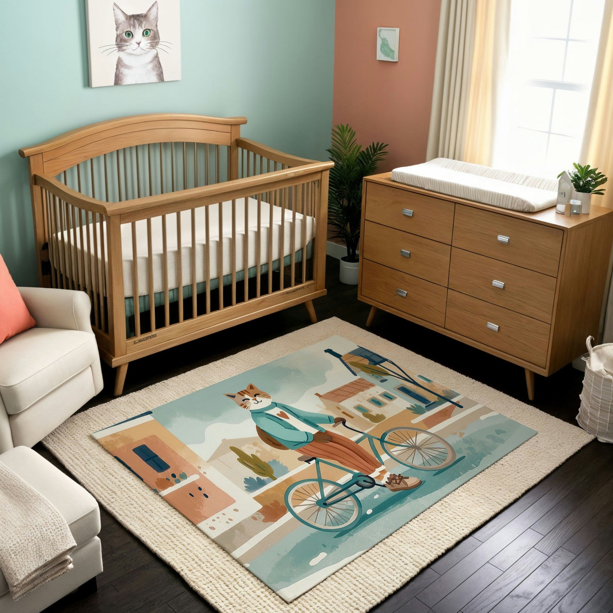 A charming nursery with a natural wood crib, matching dresser with a changing pad, and a cozy white armchair accented with coral and cream pillows. The decor includes playful artwork of a cat, light teal and peach walls, and lush green plants. The centerpiece is a colorful area rug featuring an illustration of a cat riding a bicycle through a quaint town, adding a whimsical and cheerful touch to the room.