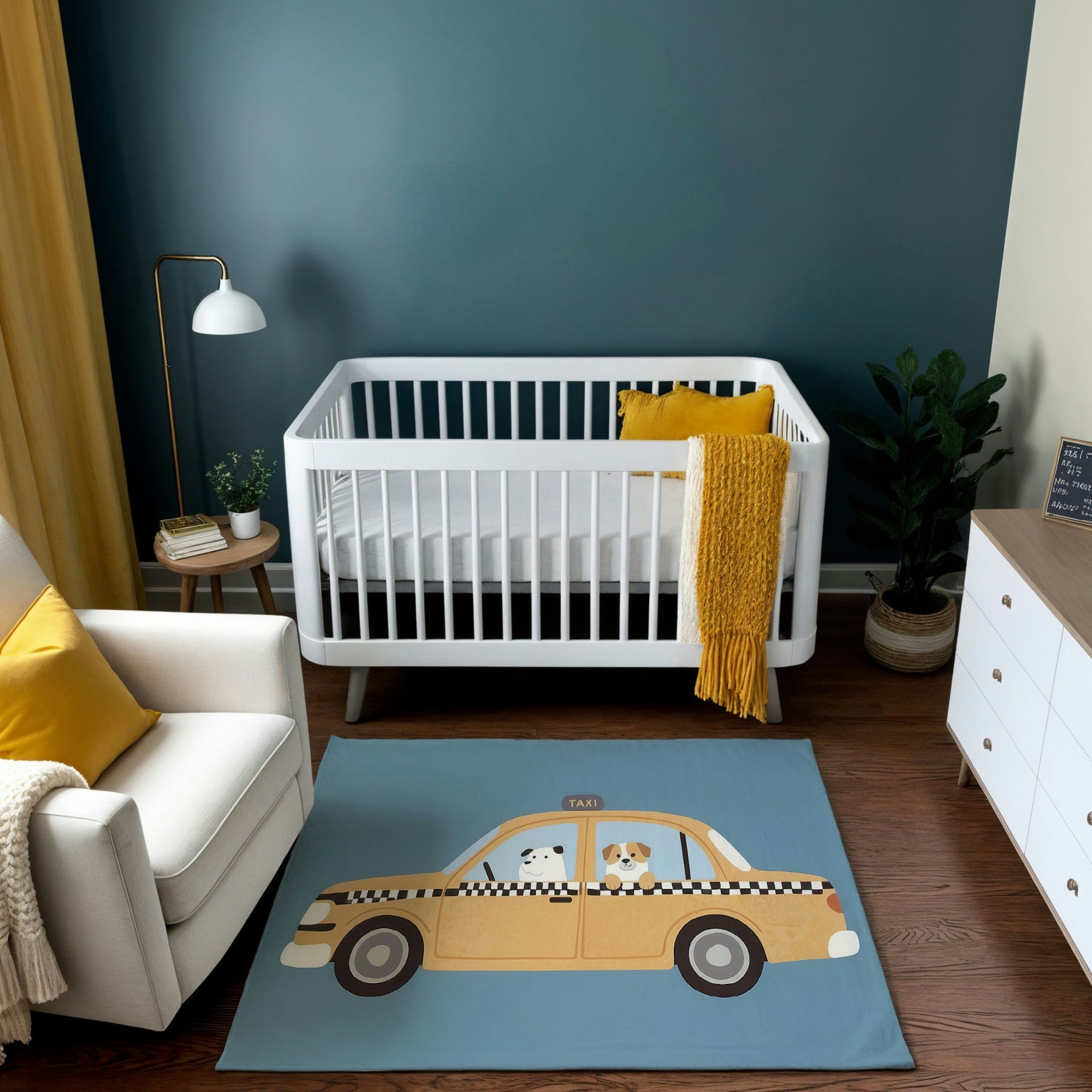 A cozy nursery with a white crib, accented by a yellow pillow and throw blanket. The room features a playful blue rug with a yellow taxi illustration showing two cartoon dogs as passengers. The space is decorated with a white armchair, a side table with a lamp and plant, and a dresser, all set against a teal accent wall and yellow curtains.