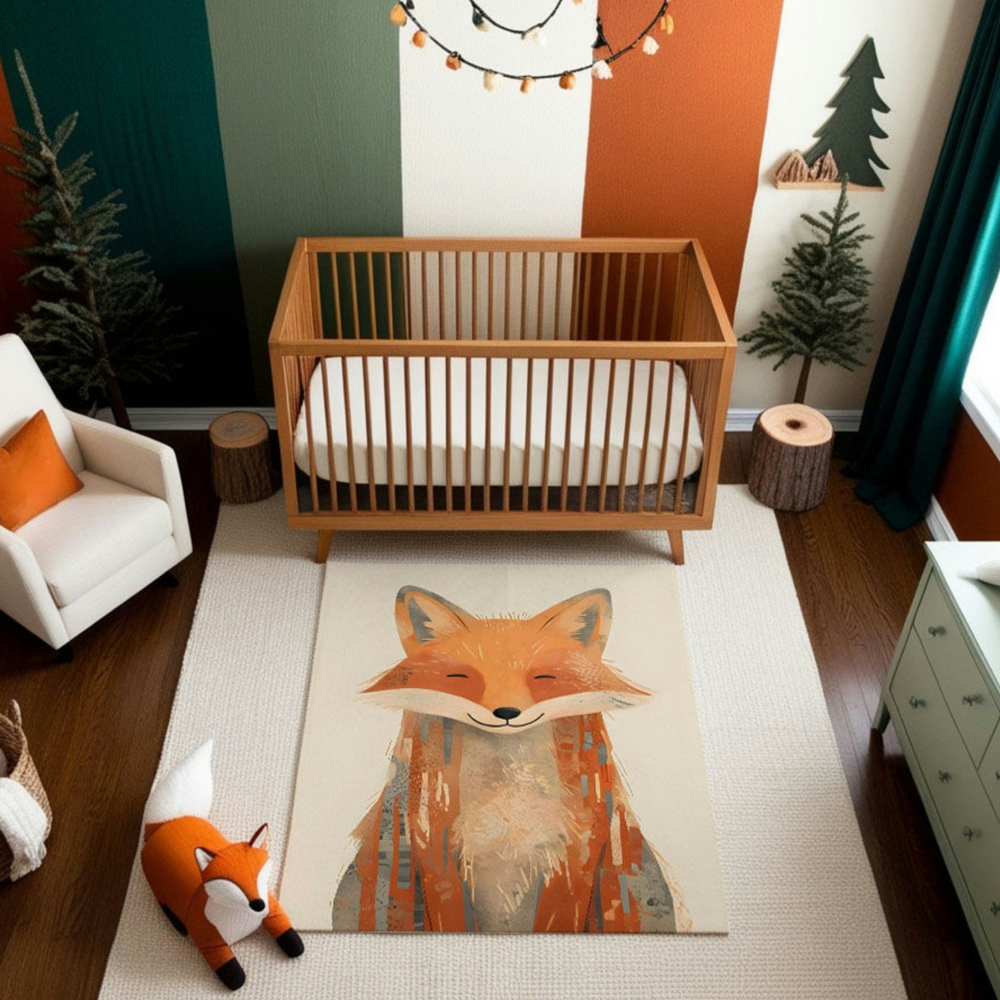 This image features a woodland-themed nursery with a warm, earthy palette. A wooden crib is the focal point, complemented by a white armchair with an orange pillow and playful decor, such as mini pine trees and a fox plush toy. The standout feature is a charming rug with an illustration of a smiling fox, harmonizing with the natural tones and forest-inspired elements of the space. The wall is decorated with green, white, and orange panels, adding a vibrant yet cozy touch.