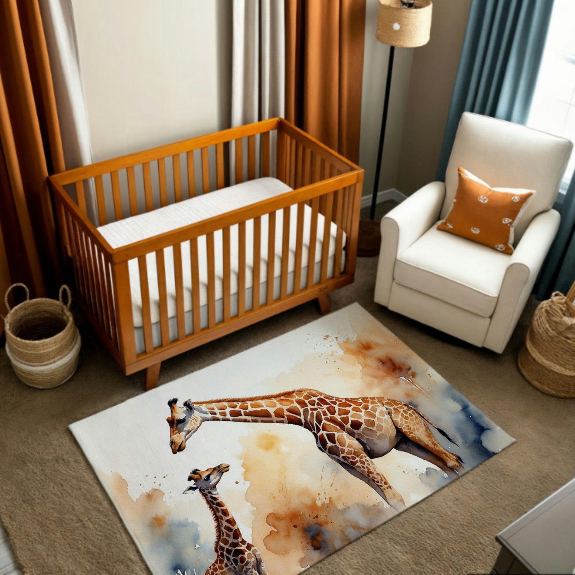 The nursery features a watercolor-style rug depicting a mother giraffe and her calf in warm earthy tones, blending beautifully with the natural decor. The artwork adds a touch of elegance and charm to the room, with its tall figures symbolizing care and connection. This setup creates a cozy and nurturing environment perfect for a child’s space.