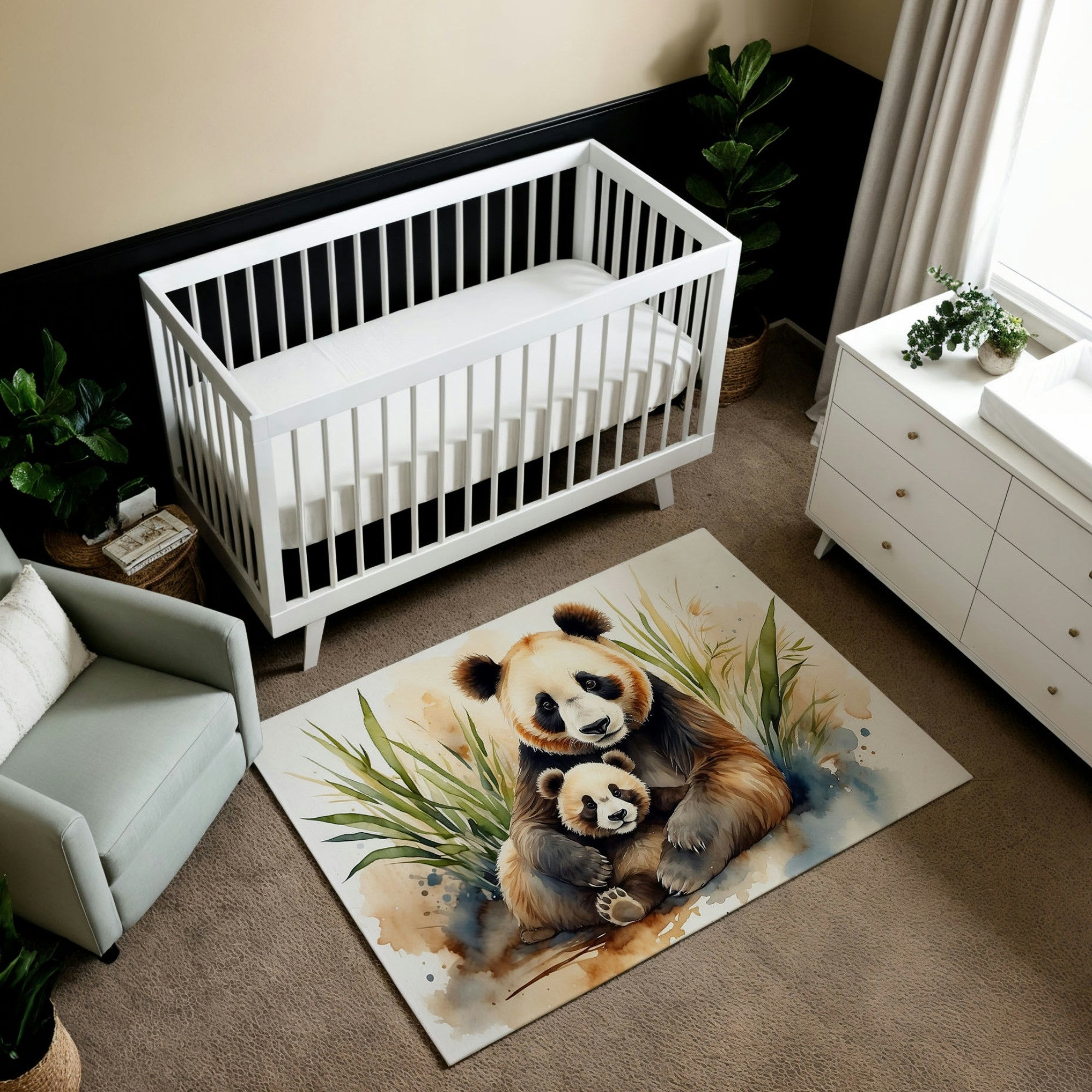 A nursery with neutral tones featuring a watercolor-style area rug depicting a panda mother hugging her cub. The pandas are surrounded by lush green bamboo leaves, set against a soft background with earthy splashes of beige and green. The cozy crib and modern furniture complement the warm, serene design of the space.