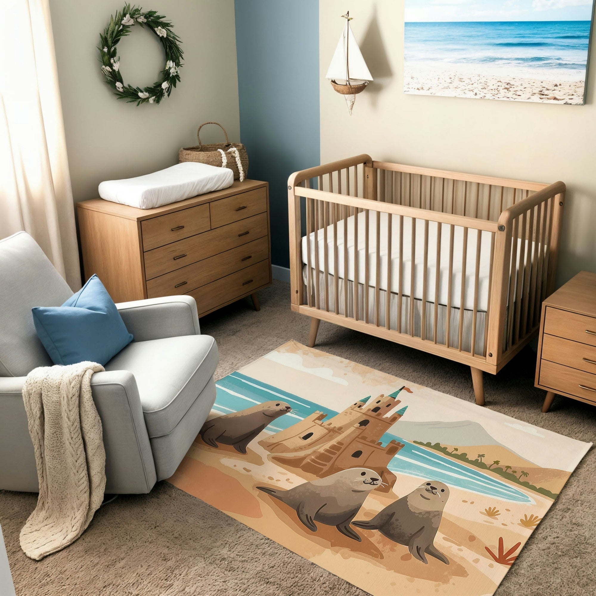 A serene nursery featuring a sand-colored rug with an illustration of three seals resting on a beach near a detailed sandcastle. The scene includes a bright blue ocean, a clear sky, and a distant shoreline with palm trees. The room is decorated with natural wooden furniture, nautical accents, and soft neutral tones, creating a peaceful coastal theme.