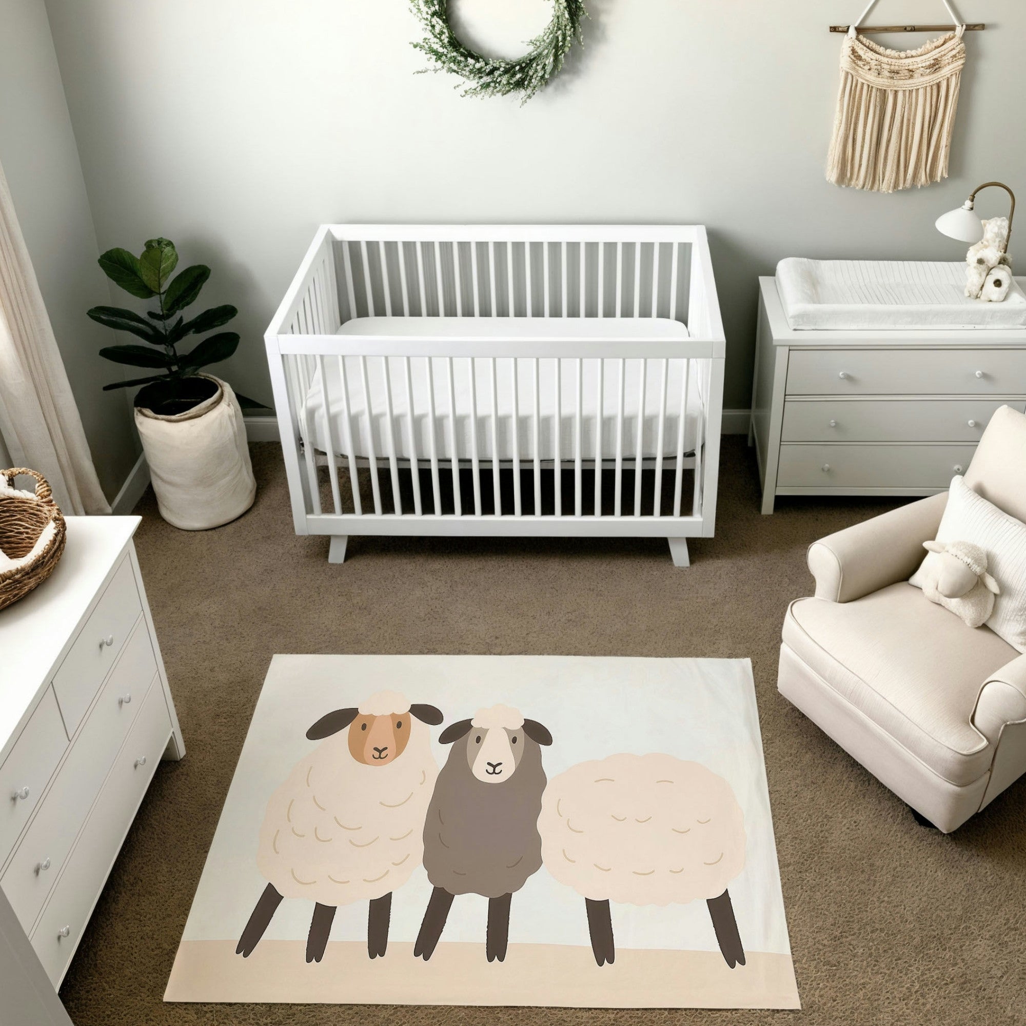 A soft and minimalist nursery featuring a white crib with a wreath hanging above it on a pale green wall. The room includes a white dresser, a cozy armchair with a sheep-themed pillow, and a potted plant in a woven basket. The centerpiece is a whimsical rug depicting three sheep in neutral tones, adding a playful and calming touch to the space.