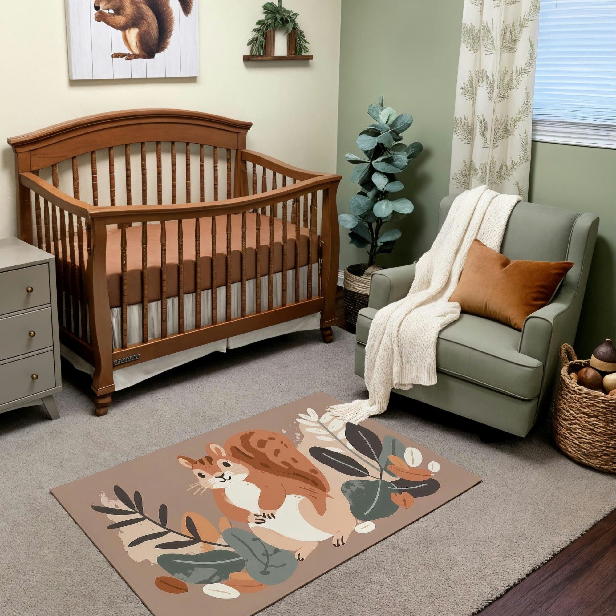 A cozy nursery featuring a warm wooden crib, a sage green armchair with a white knit blanket and rust-colored pillow, and a decorative rug showcasing a playful squirrel surrounded by abstract autumn leaves and acorns in earthy tones. The space exudes a natural woodland charm.