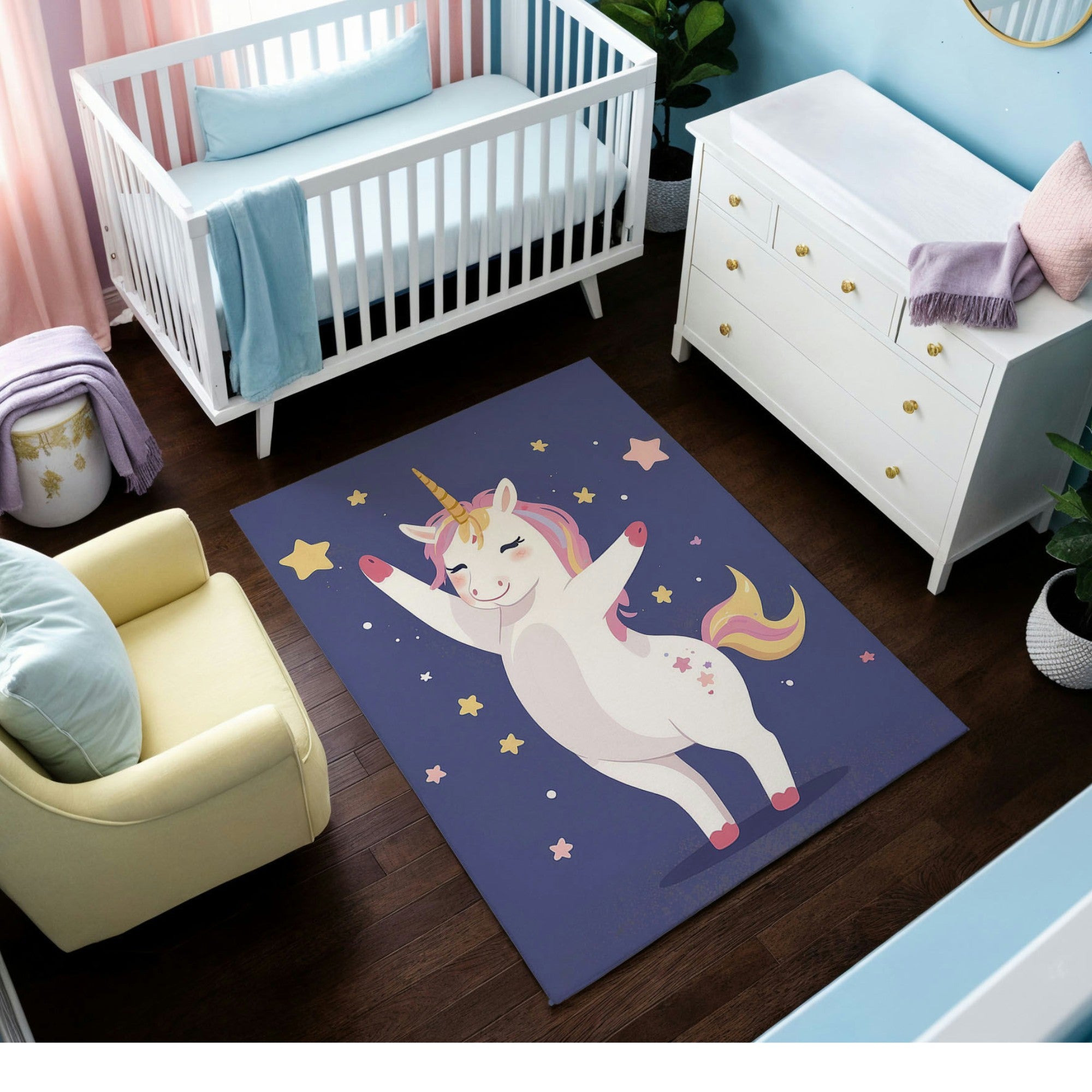 A cheerful nursery with pastel blue walls, a white crib, and a white dresser decorated with soft pink accents. The room features a playful rug showing a cute unicorn with a rainbow mane and golden horn, happily posing among stars on a deep purple background. A cozy yellow armchair and potted plants add warmth and charm to the whimsical space.