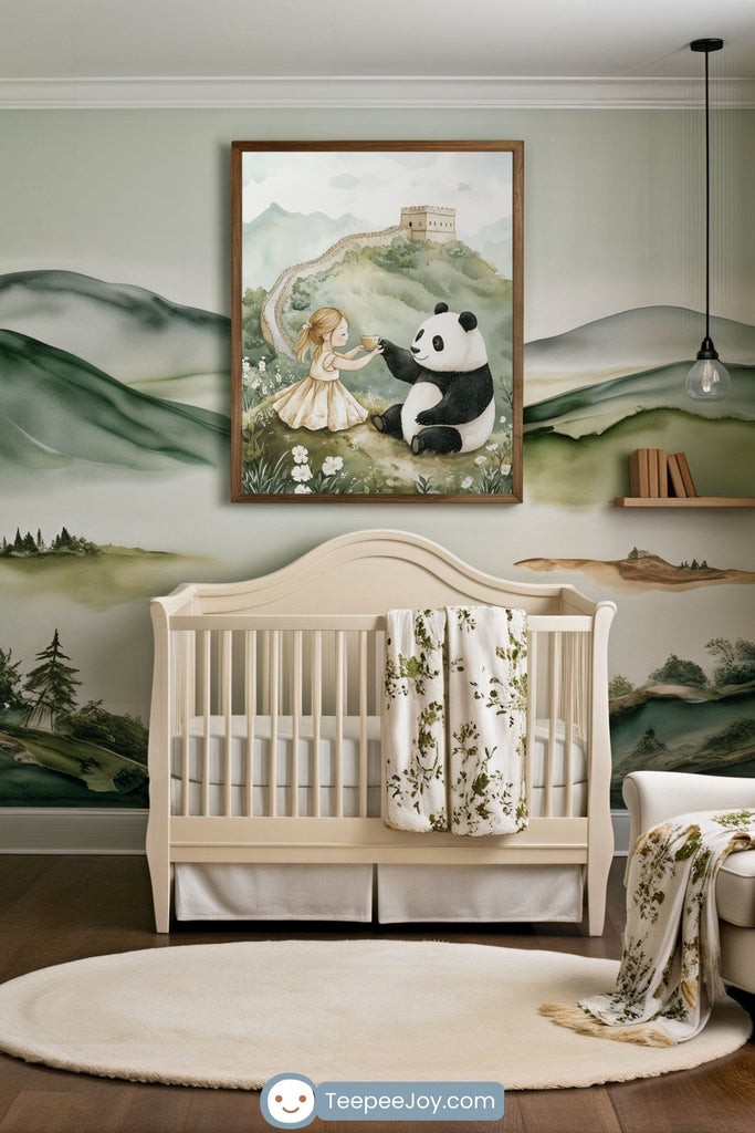 Serene nursery featuring a cream-colored crib with a floral blanket draped over the side, set against a mural of rolling green hills and pine trees. Above the crib hangs a charming framed illustration of a little girl in a dress having tea with a friendly panda on a grassy hillside, with the Great Wall of China winding through misty mountains in the background. The room includes gentle earth-toned decor, a light rug, and natural wood accents for a peaceful, storybook-inspired vibe.