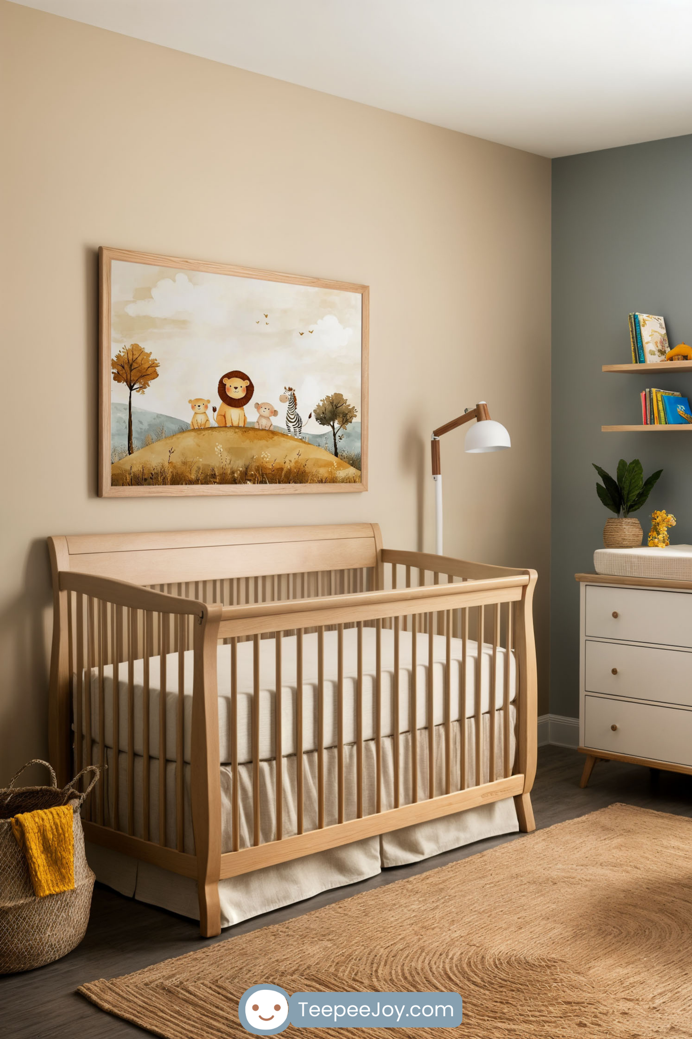 Warm and inviting safari-themed nursery featuring a natural wood crib against a soft beige wall. Above the crib hangs a framed watercolor-style wall art of a lion, lion cub, monkey, and zebra on a grassy hill. The room is styled with a white dresser, floating wooden shelves with books and decor, a cozy cream armchair with a mustard throw blanket, a woven rug, and natural accents, creating a soothing and playful atmosphere.