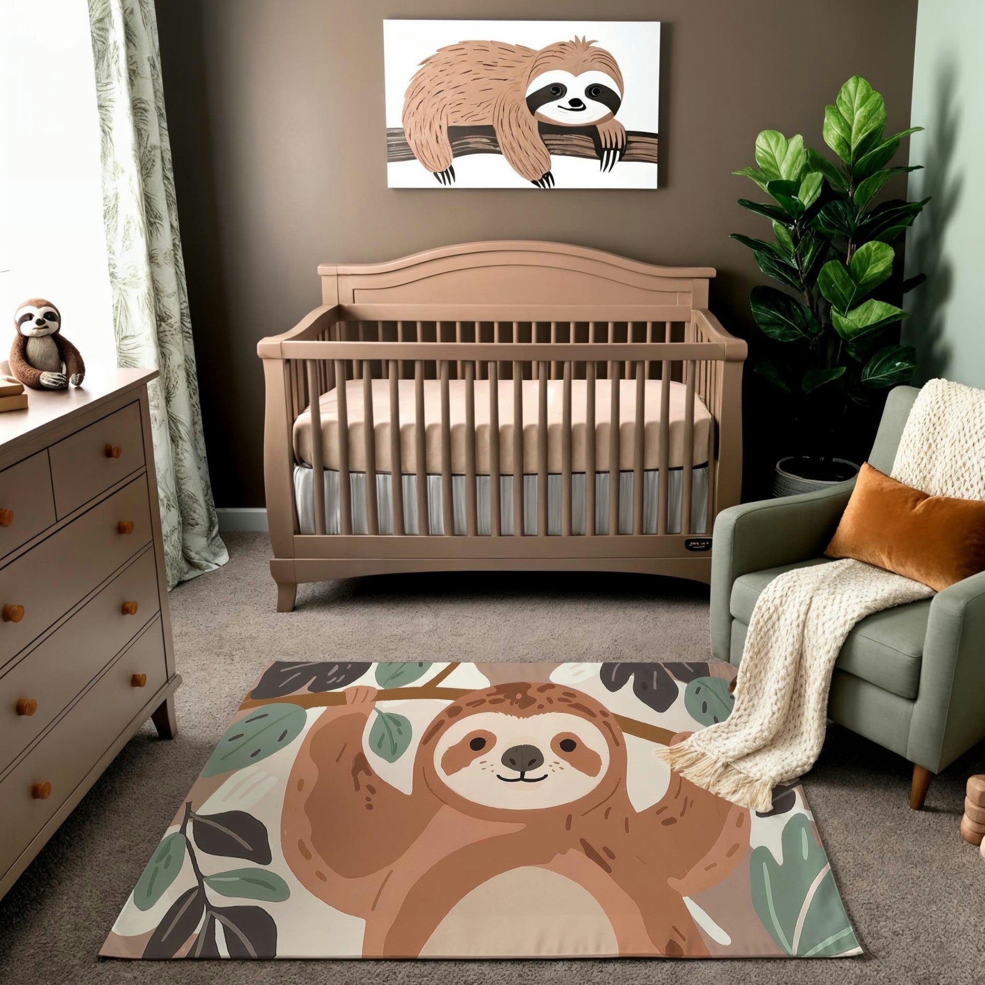 A cozy nursery with a sloth theme featuring a beige wooden crib, a soft area rug with a cartoon sloth design, and a framed sloth wall art above the crib. The room includes a green armchair draped with a cream knit blanket and an orange throw pillow, a wooden dresser with a sloth plush toy, and a tall leafy plant in the corner. The neutral tones and playful sloth elements create a warm, inviting atmosphere.