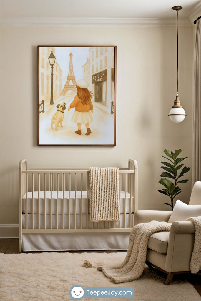 Chic neutral nursery with a cream-colored crib, cozy armchair, knit blanket, and soft rug. A whimsical Paris-themed wall art above the crib shows a girl in a beret and boots walking a pug toward the Eiffel Tower, with a “Café de Paris” sign in the background.