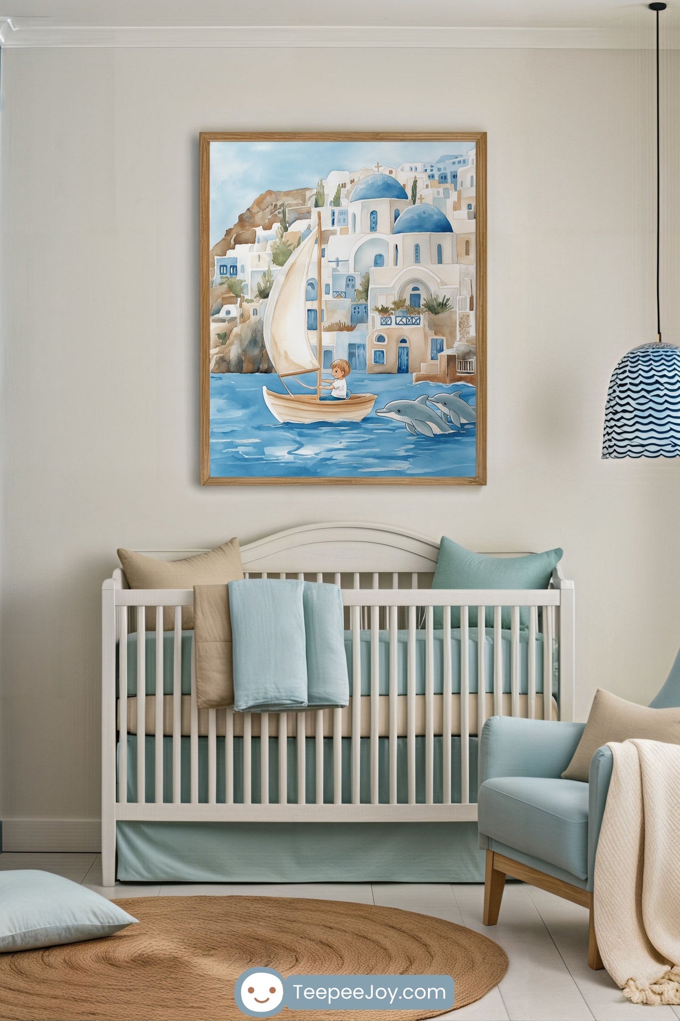 Serene nursery with soft coastal colors, featuring a framed painting of a child sailing near dolphins with a backdrop of white buildings and blue domes inspired by Santorini. The room includes a white crib with seafoam green and beige bedding, a cozy armchair, and a round woven rug.