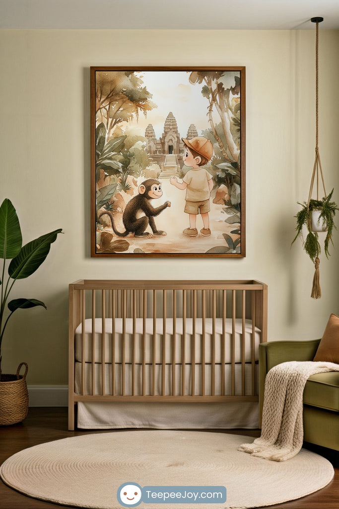 Soft-toned nursery with a minimalist wooden crib and a round beige rug, accented by a cozy green chair and potted plants. A playful framed wall art above the crib shows a young boy in safari clothes greeting a friendly monkey, with a jungle backdrop and an ancient temple resembling Angkor Wat in the distance.