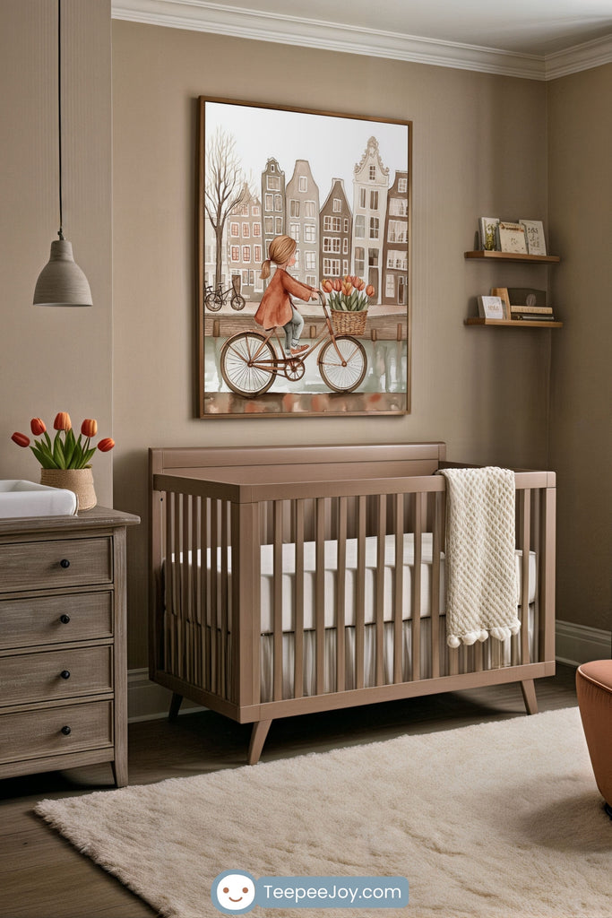 Neutral-toned nursery featuring a wooden crib with a cream knit blanket draped over the side, a dresser with a changing pad and vase of tulips, and a cozy rug. Above the crib hangs a whimsical art print of a girl riding a bicycle with tulips in the basket, set against a backdrop of Amsterdam-style canal houses.