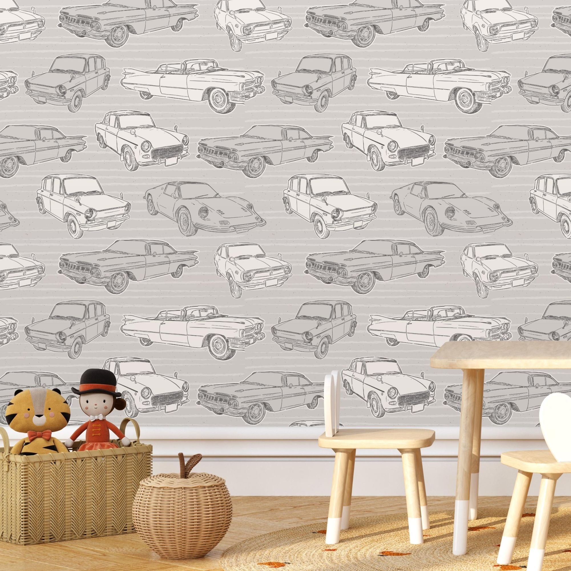 Traditional or Peel and Stick Car Wallpaper - Vintage Wheels