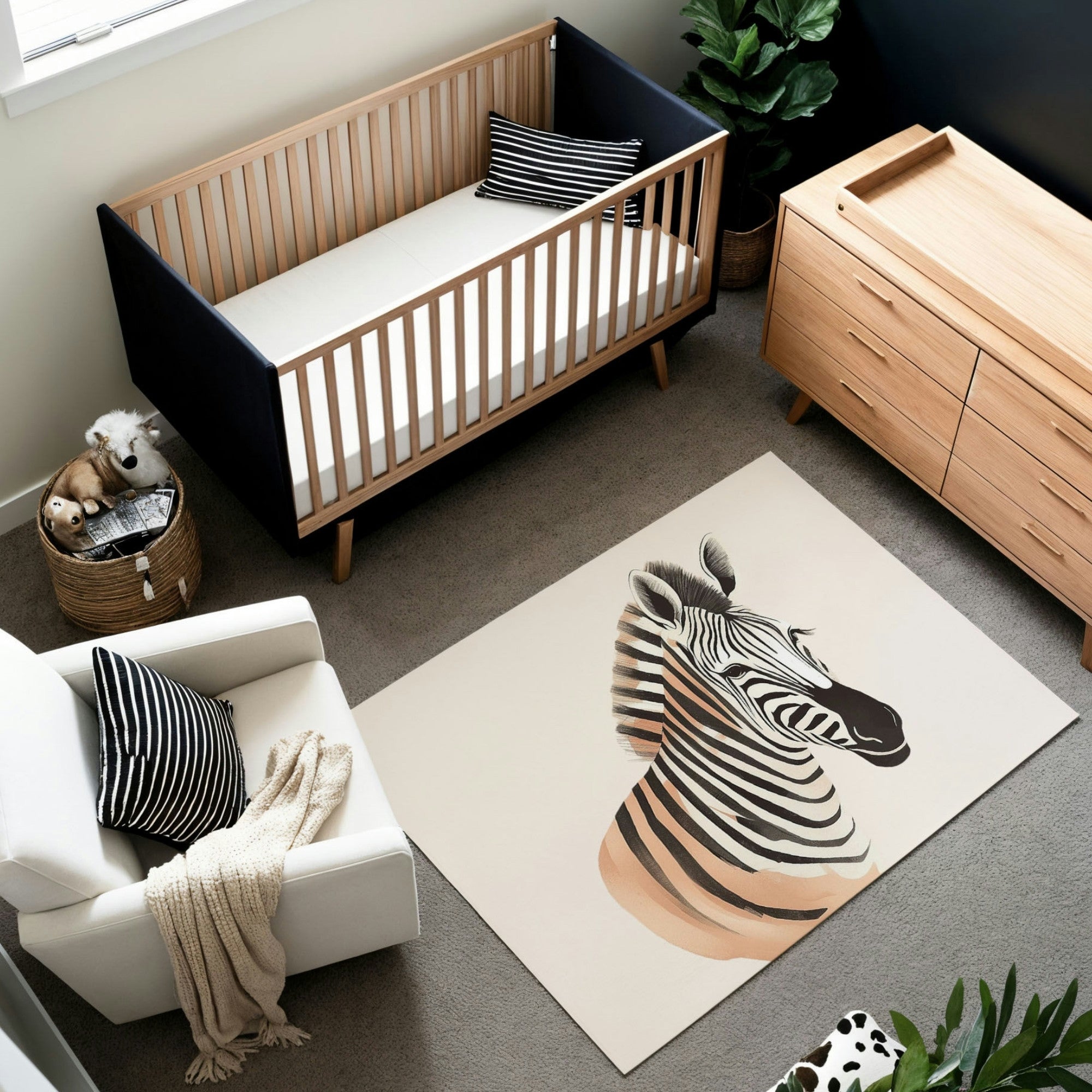 A modern nursery decorated with a soft zebra-themed rug featuring a minimalist illustration of a zebra’s head and neck in black, white, and beige tones. The room includes a wooden crib with clean lines, a white armchair with a striped pillow and knit blanket, and a natural wood dresser. The decor blends neutral and earthy tones for a calm and contemporary atmosphere.