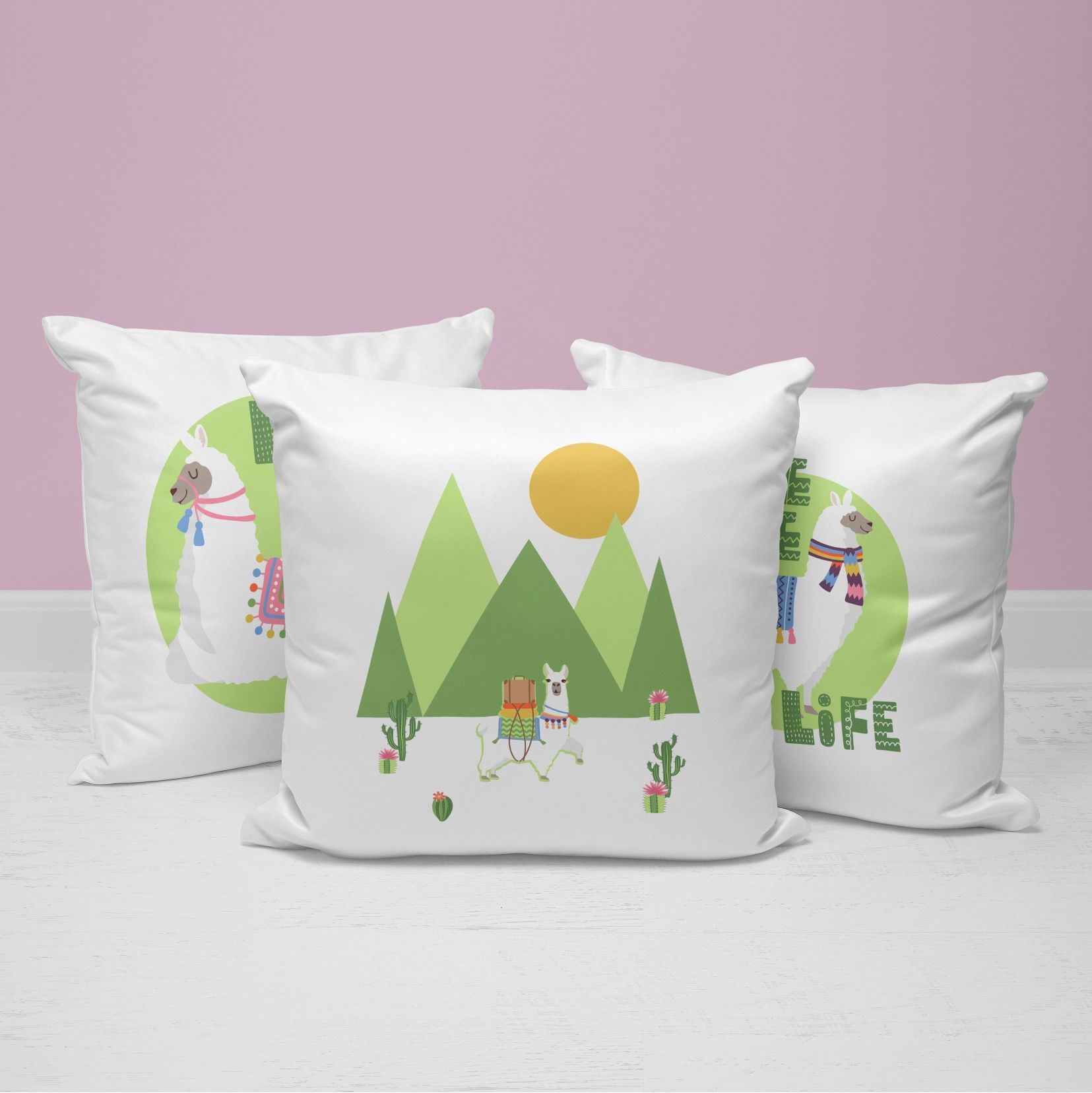 Llama Throw Pillows | Set of 3 | Collection: Carefree Llama | For Nurseries & Kid's Rooms