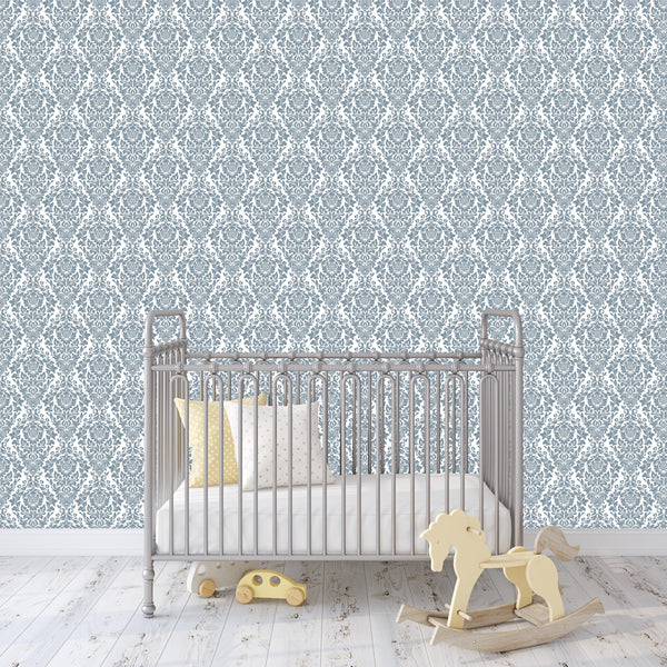 Blue Themed Nursery Wallpaper and Kids Room Wallpaper - Blue and White Damask