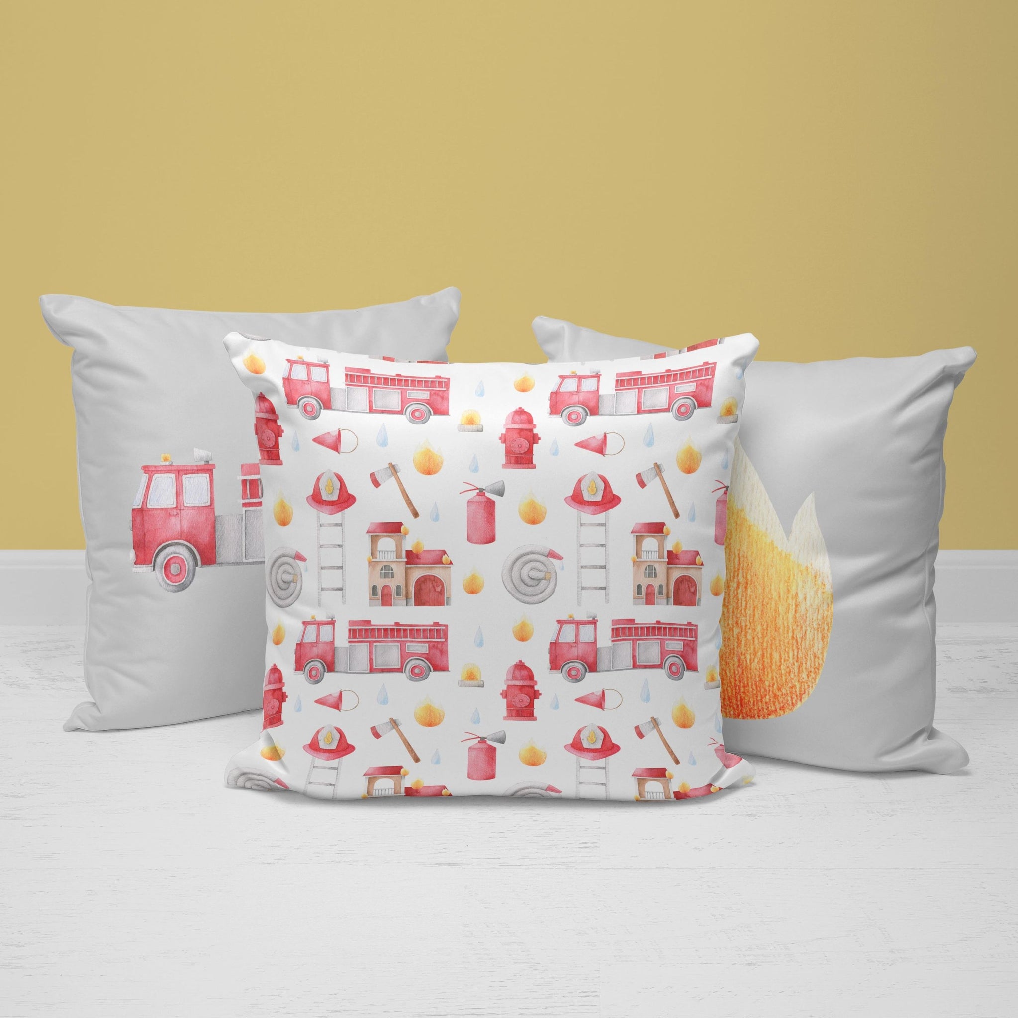 Firefighter Throw Pillows | Set of 3 | Collection: Fire Brigade | For Nurseries & Kid's Rooms