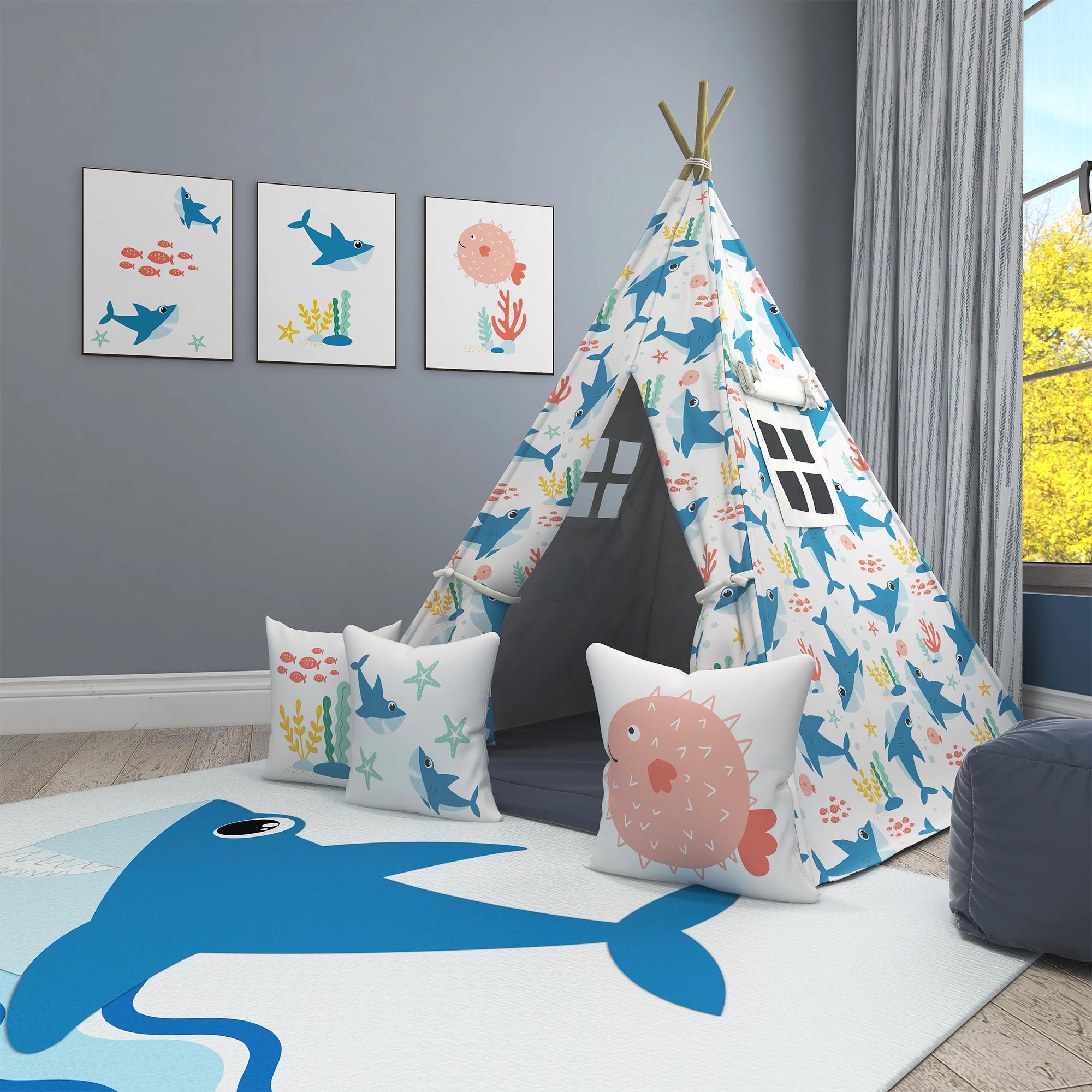 Kids Teepee, Shark Decor Themed Room -  Shark Rush Collection