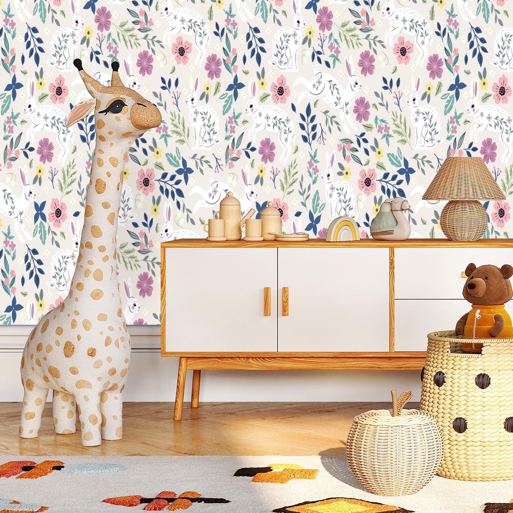 Bunny Theme Nursery Wallpaper - Springtime Bunnies