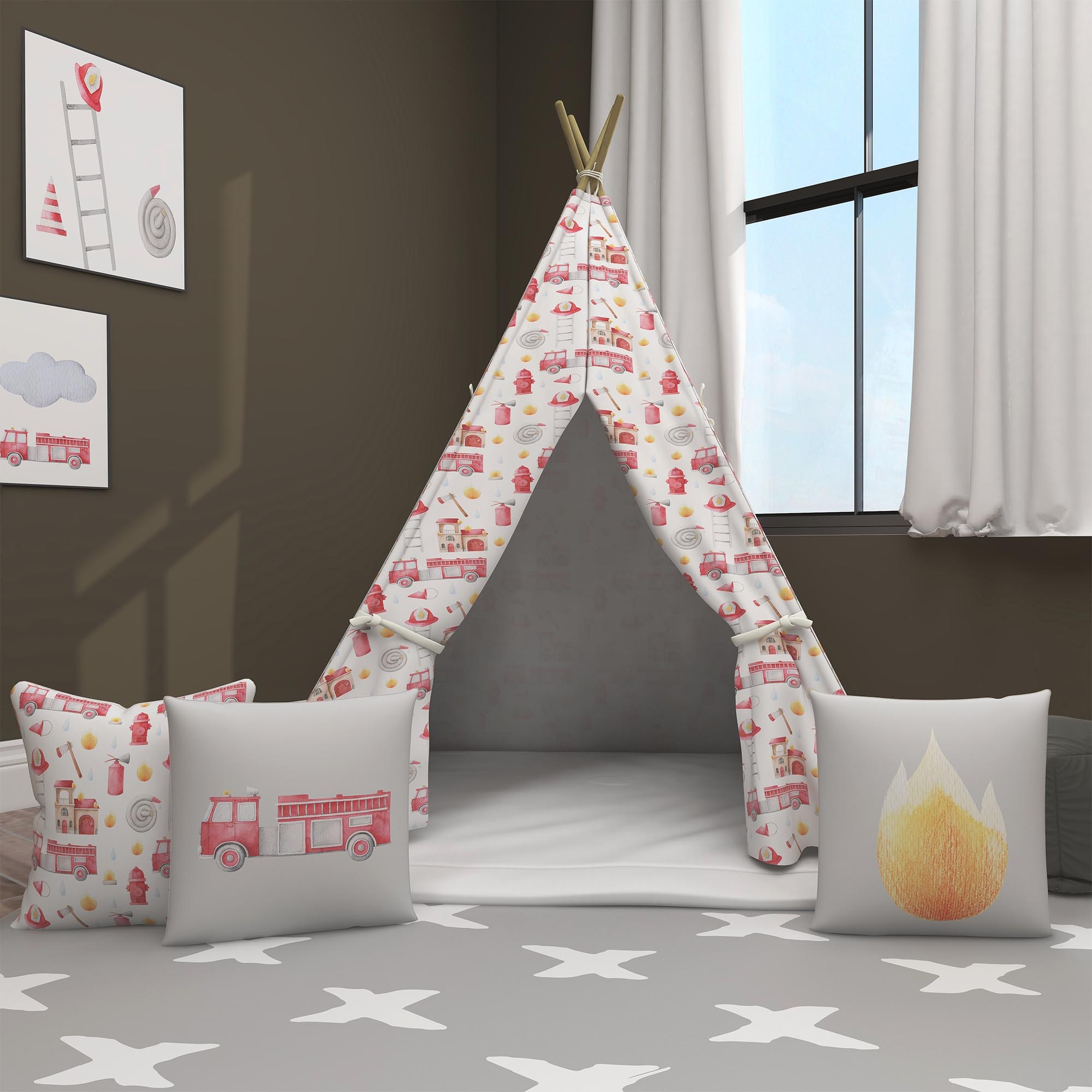 Kids Teepee, Firefighter Decor Themed Room -  Fire Brigade Collection