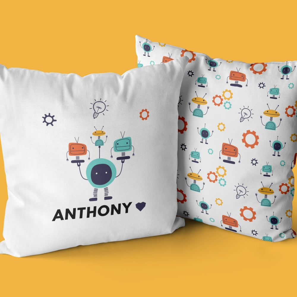 Personalized Robots Throw Pillows | Set of 2 | Collection: Nuts And Bolts | For Nurseries & Kid's Rooms